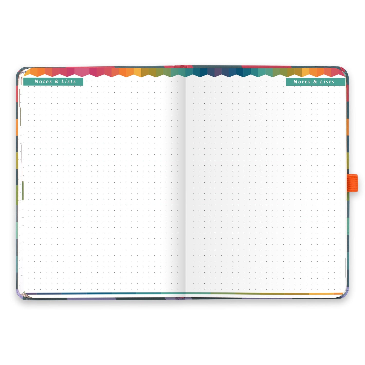 An open diary with dotted notes and lists pages.