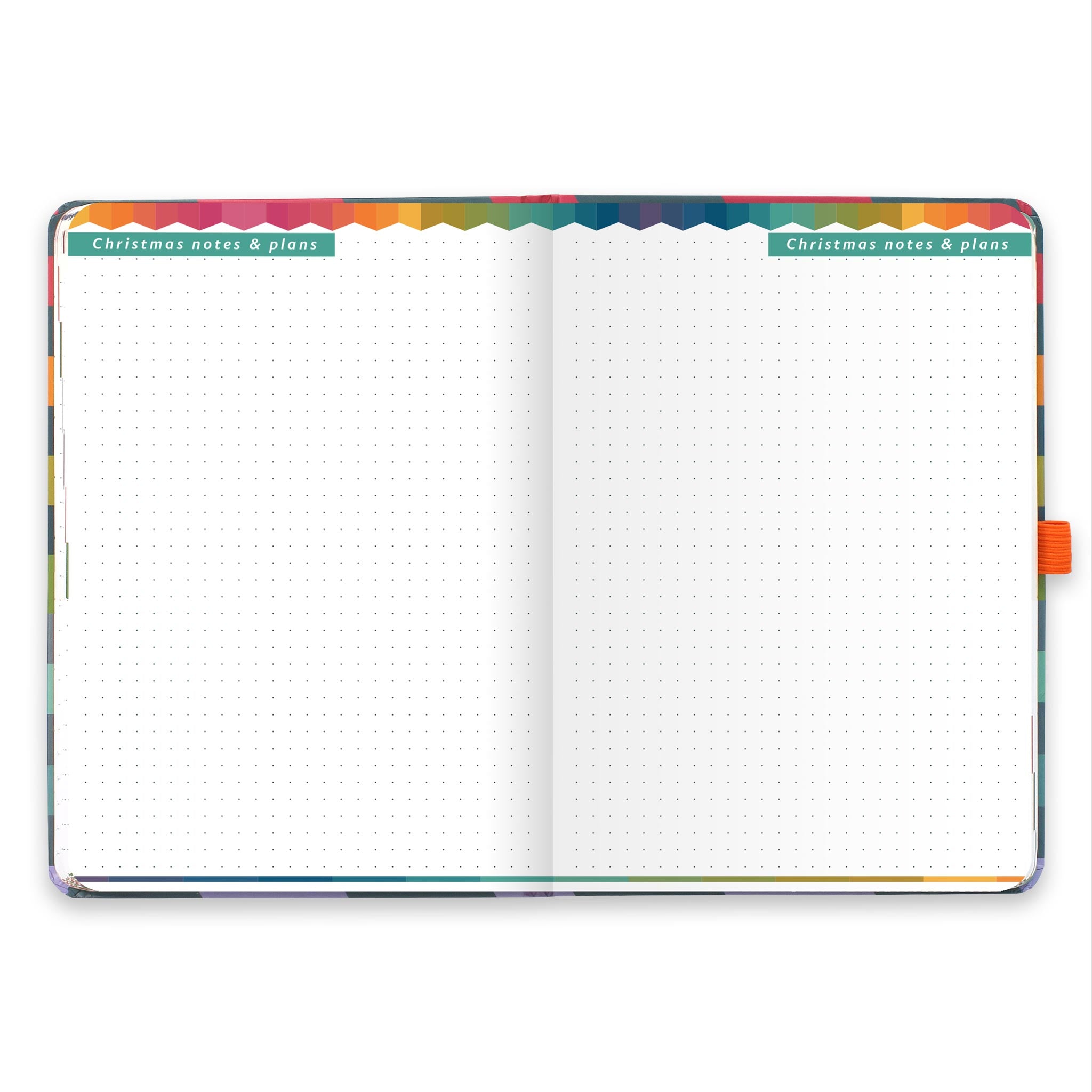 An open diary with dotted Christmas notes and plans pages.