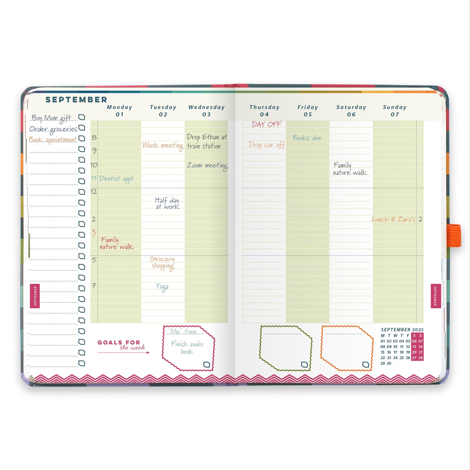 A week to view double page diary spread with appointments, to do list and goals for the week.