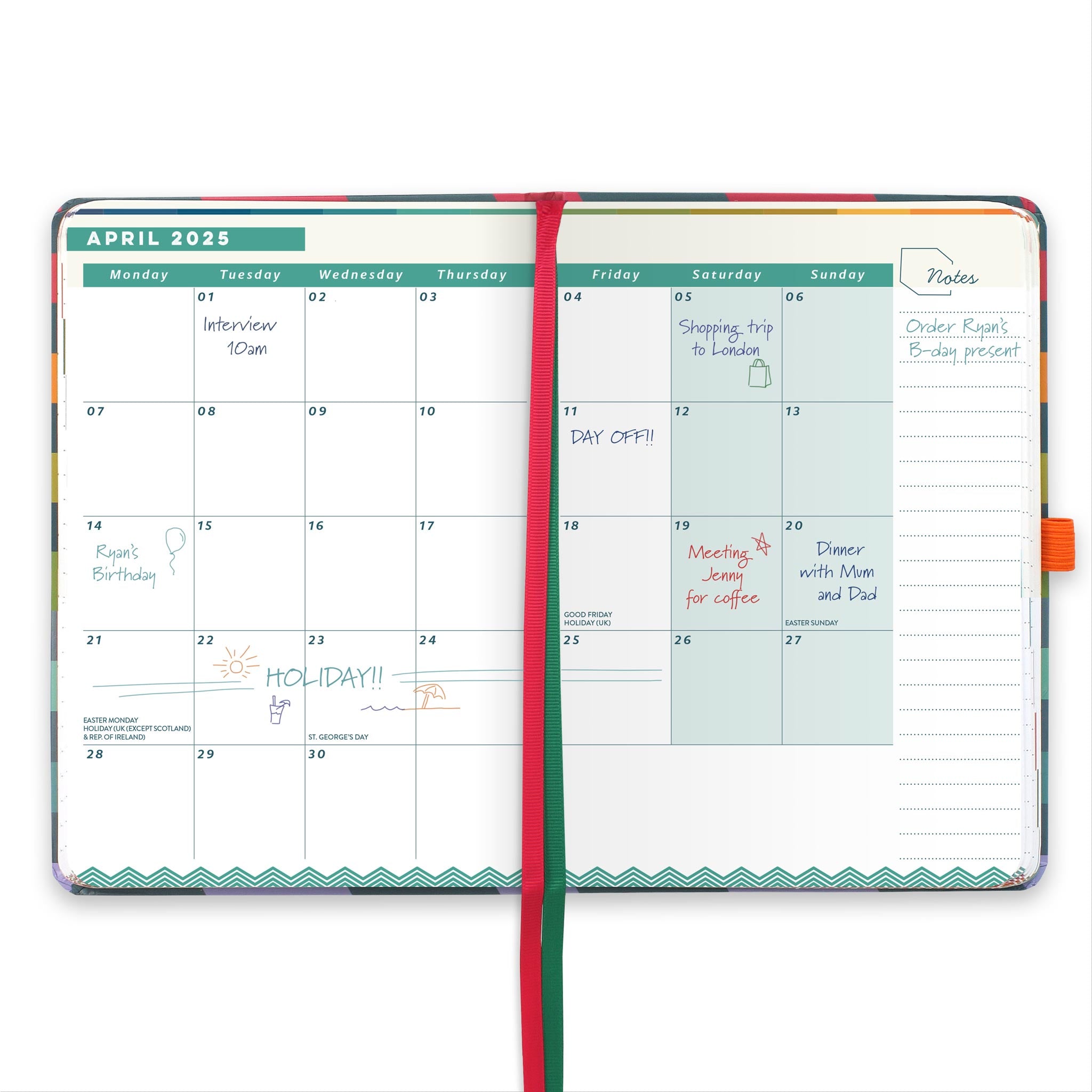 An open page diary spread with a month to view calendar with appointments, note space and ribbon page markers.