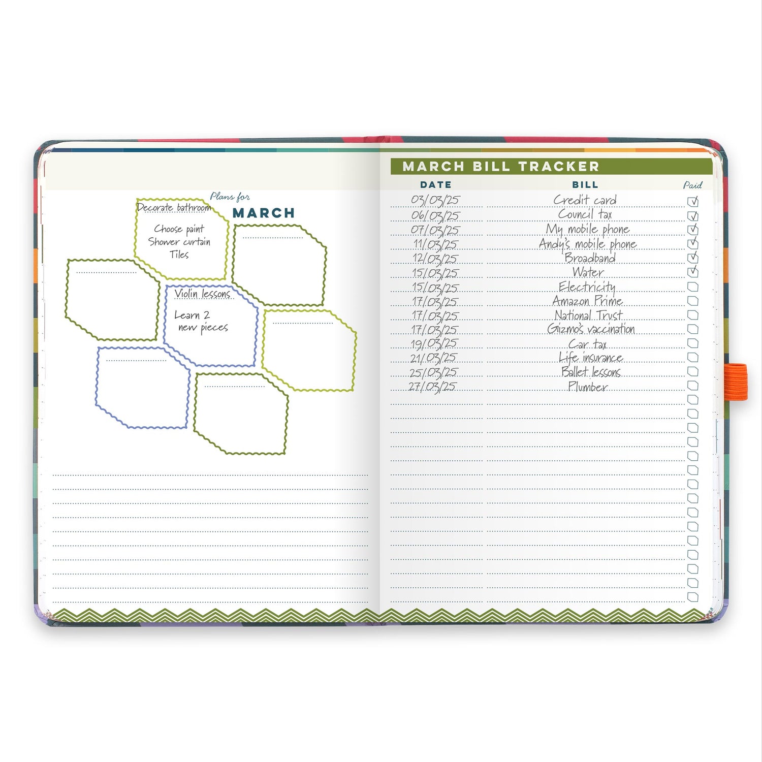 An open diary planner with a monthly plans page and a monthly bill tracker