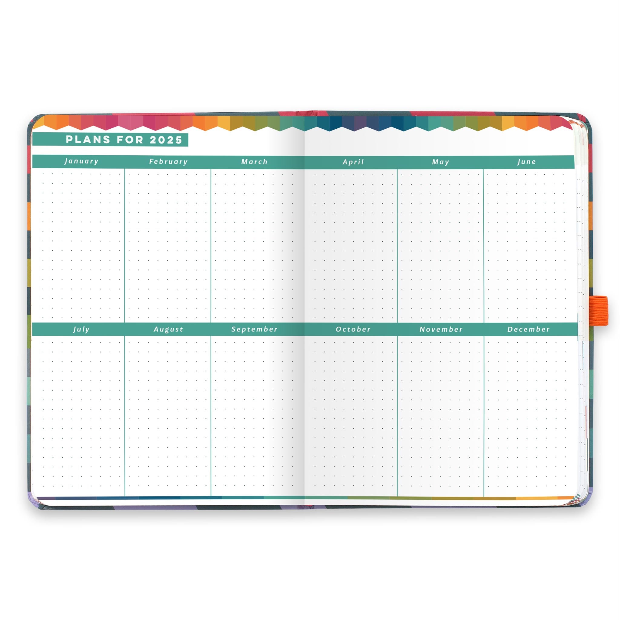 A double page spread with dotted note space for each month of the year.