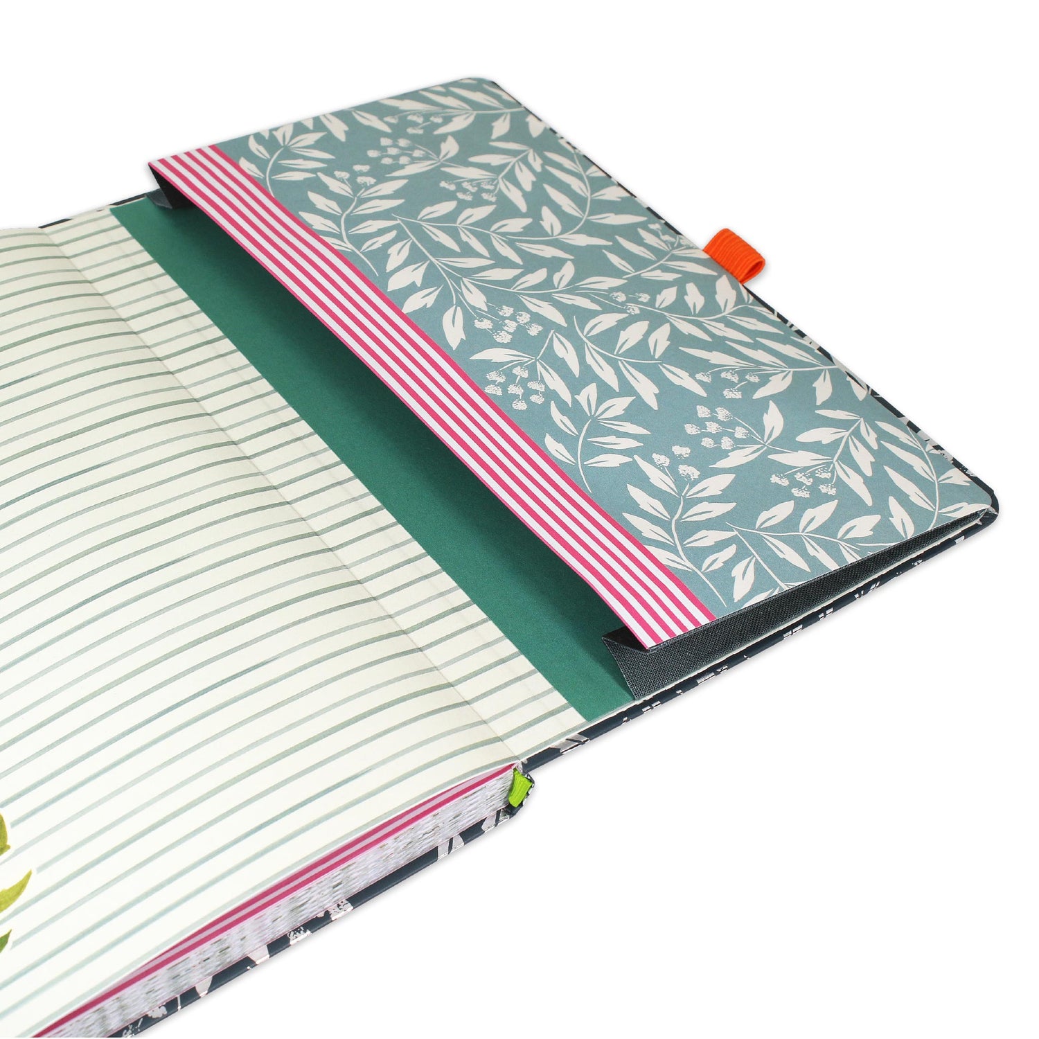 Diary back pocket with a leaf design and pink pen loop.
