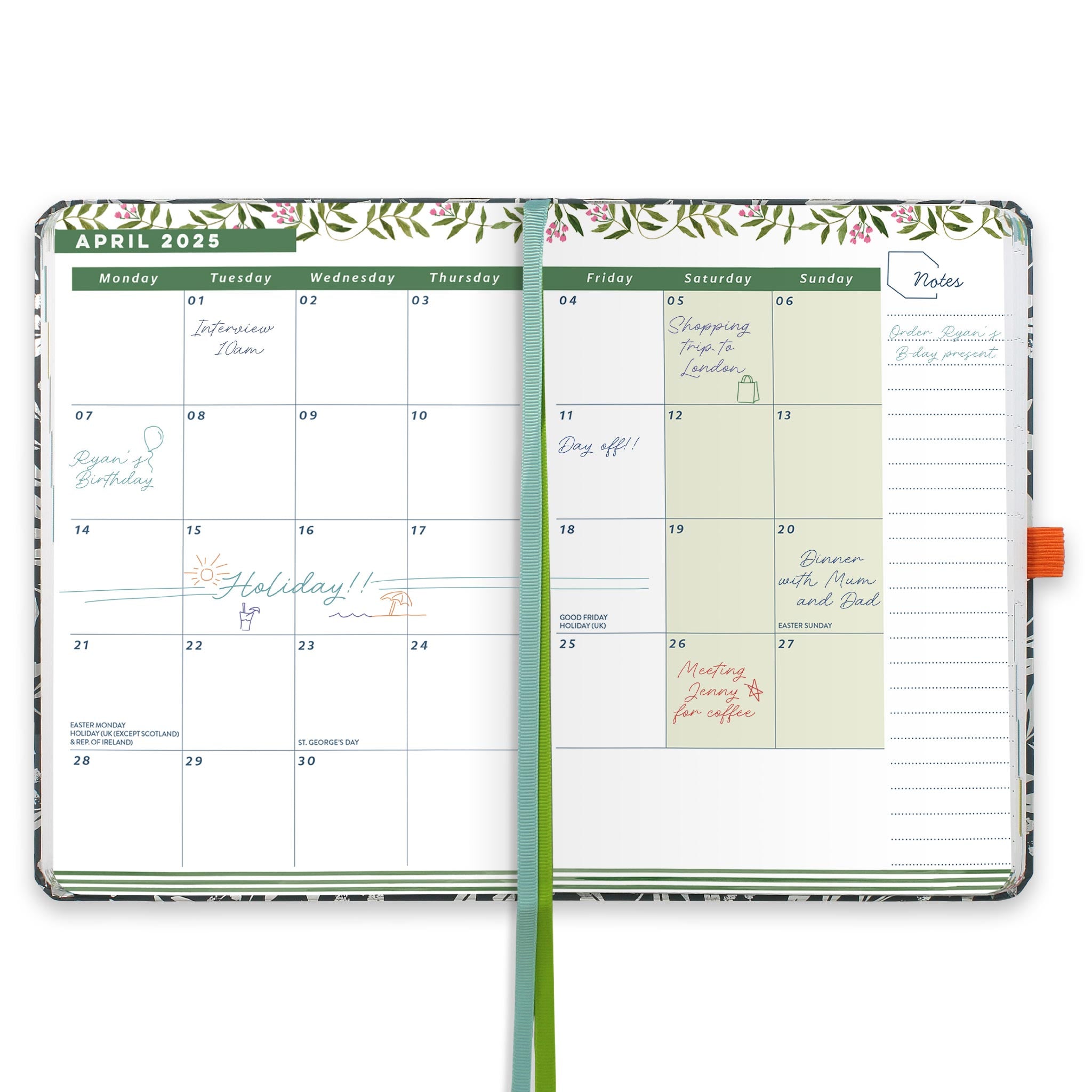 An open page diary spread with a month at a glance calendar, note space and ribbon page markers.