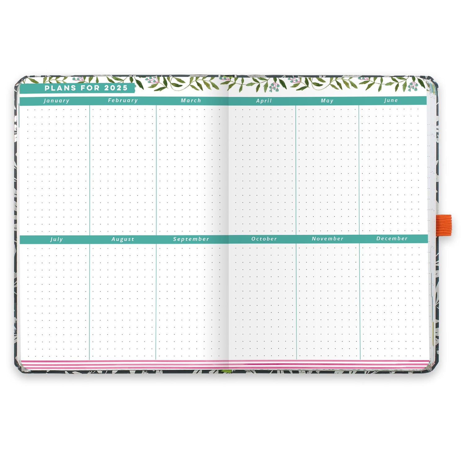 An open diary planner with plans for 2025 and dotted note space for each month.