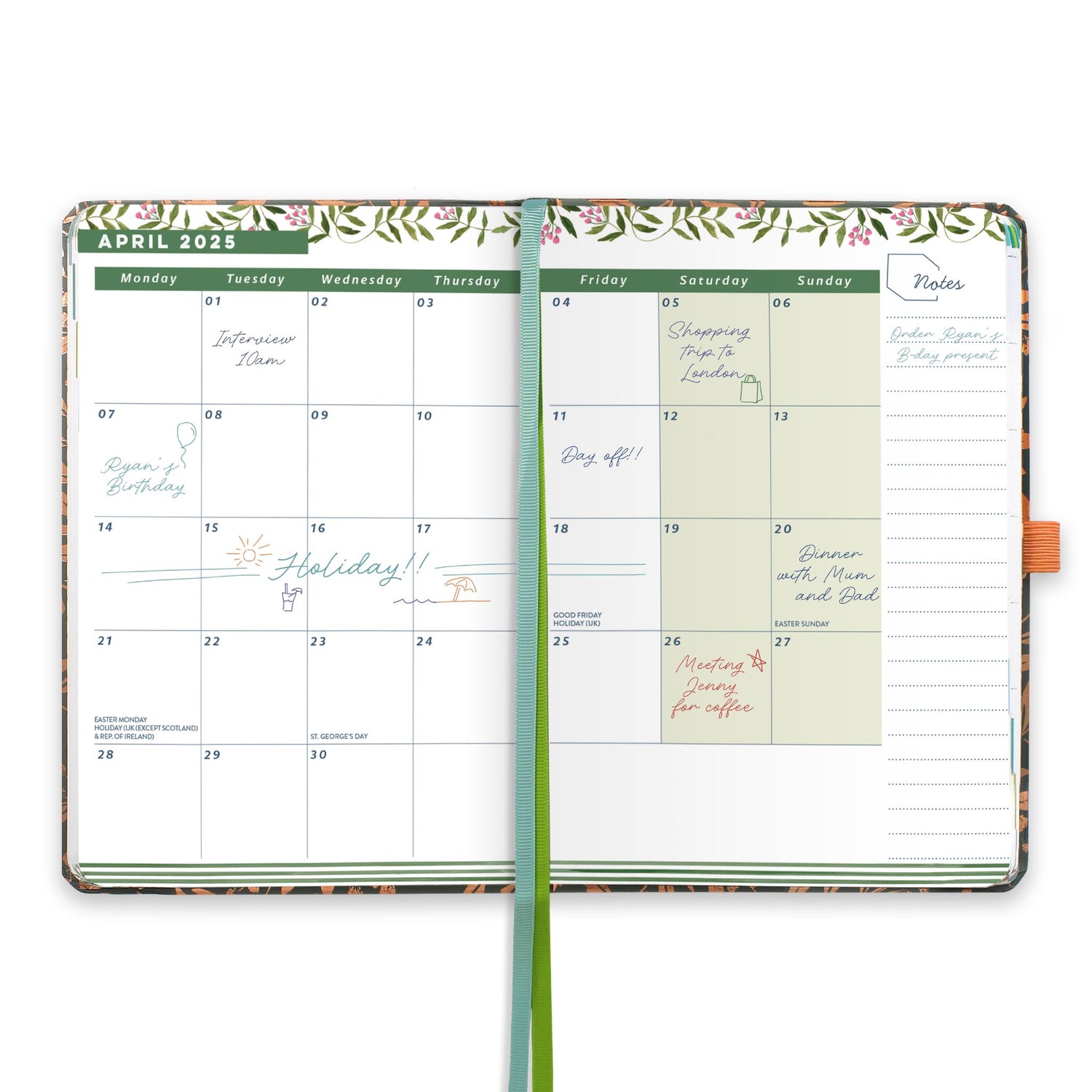 An open page diary spread with a month at a glance calendar, note space and ribbon page markers.