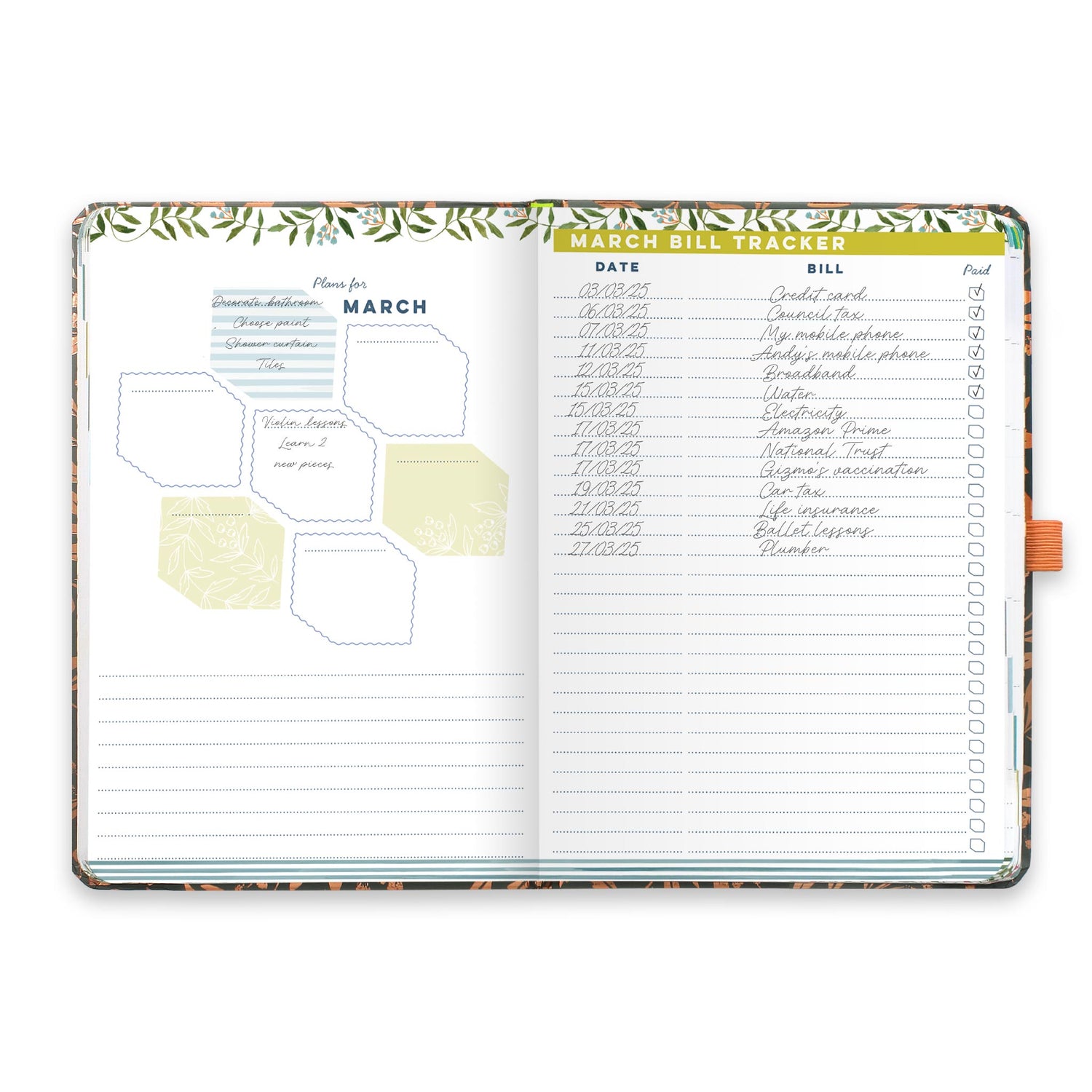 An open diary planner with a monthly plans page and a monthly bill tracker.