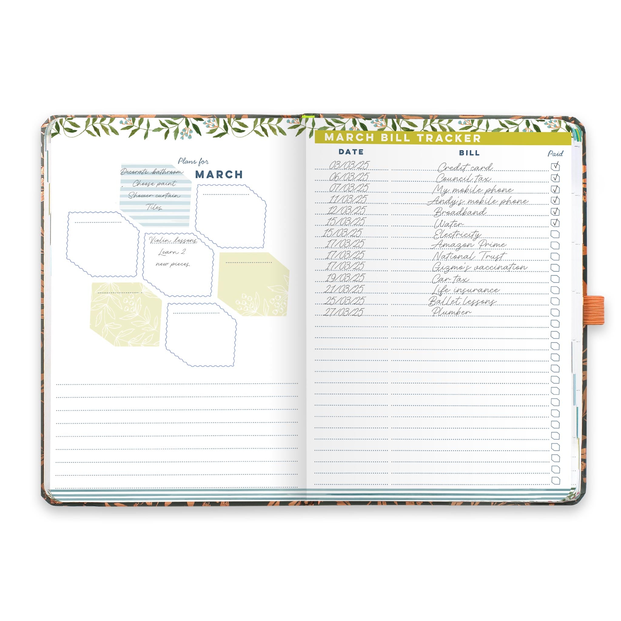 An open diary planner with a monthly plans page and a monthly bill tracker.