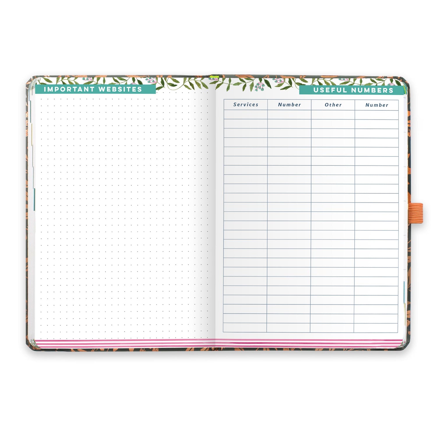 An open diary planner with a page for Important websites and a useful numbers page.