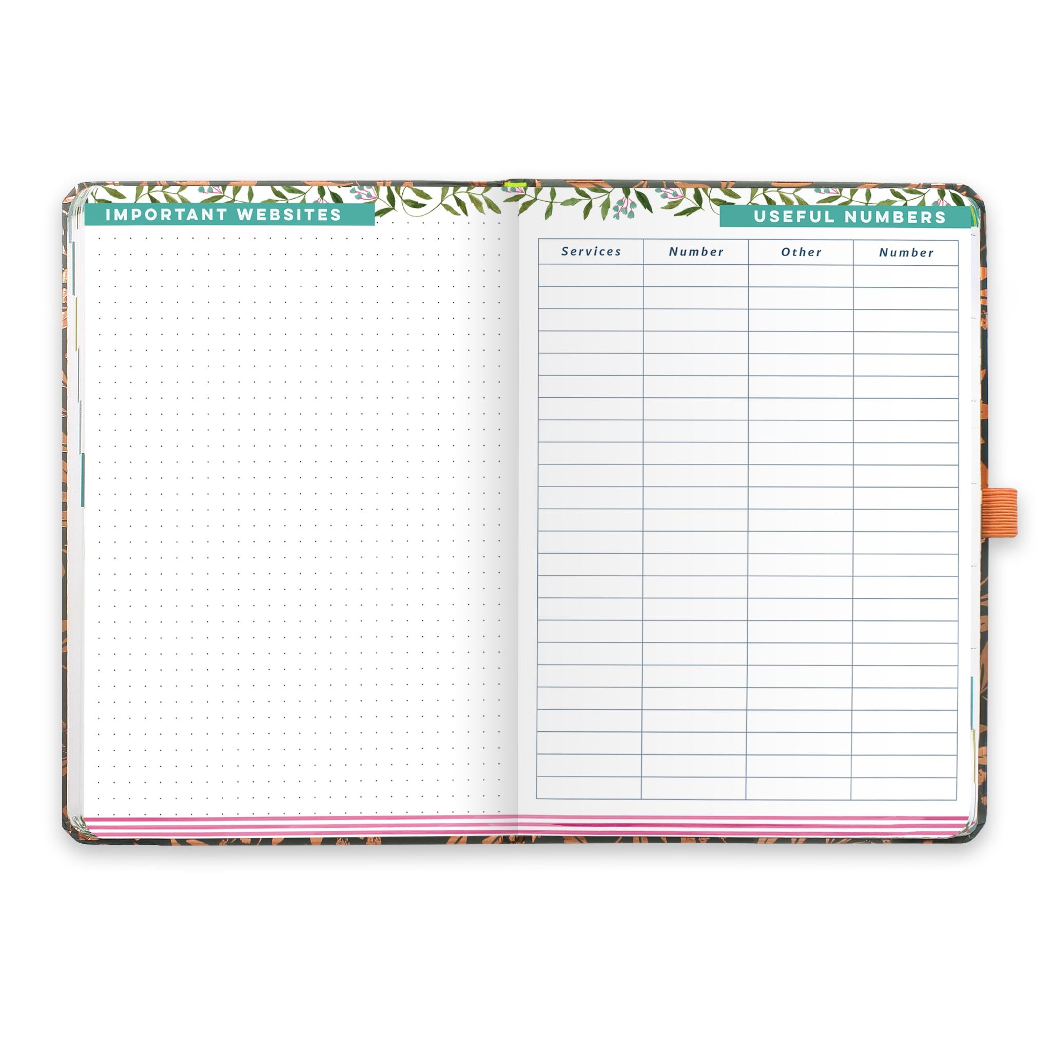 An open diary planner with a page for Important websites and a useful numbers page.