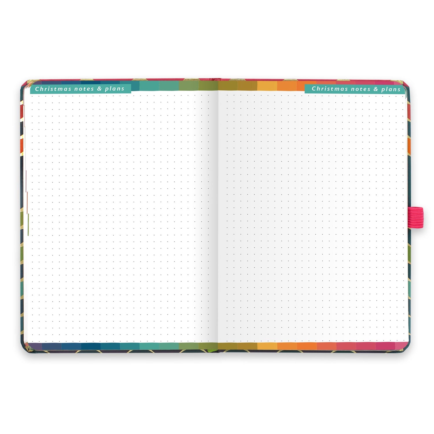 An open diary with dotted Christmas notes and plans pages.