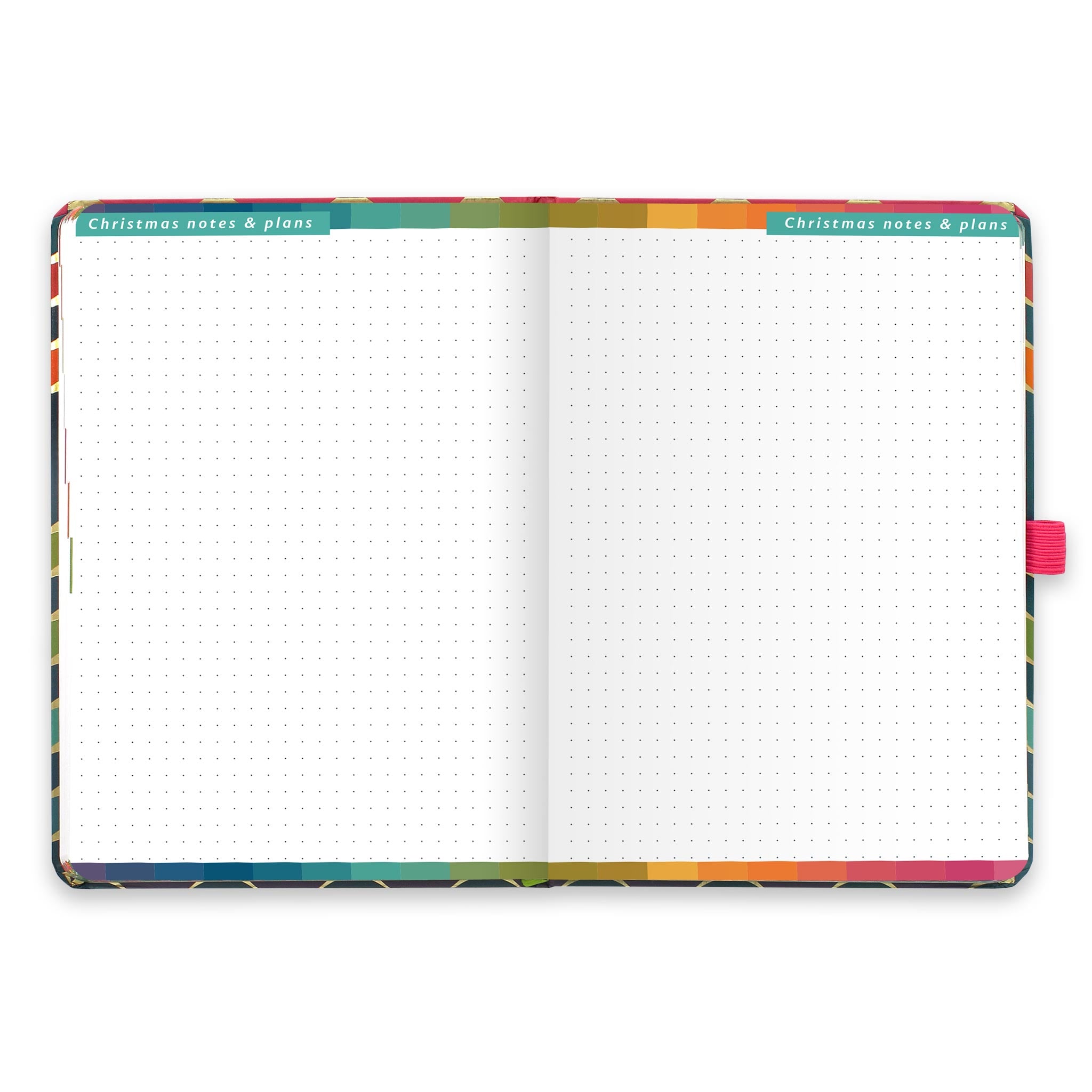 An open diary with dotted Christmas notes and plans pages.