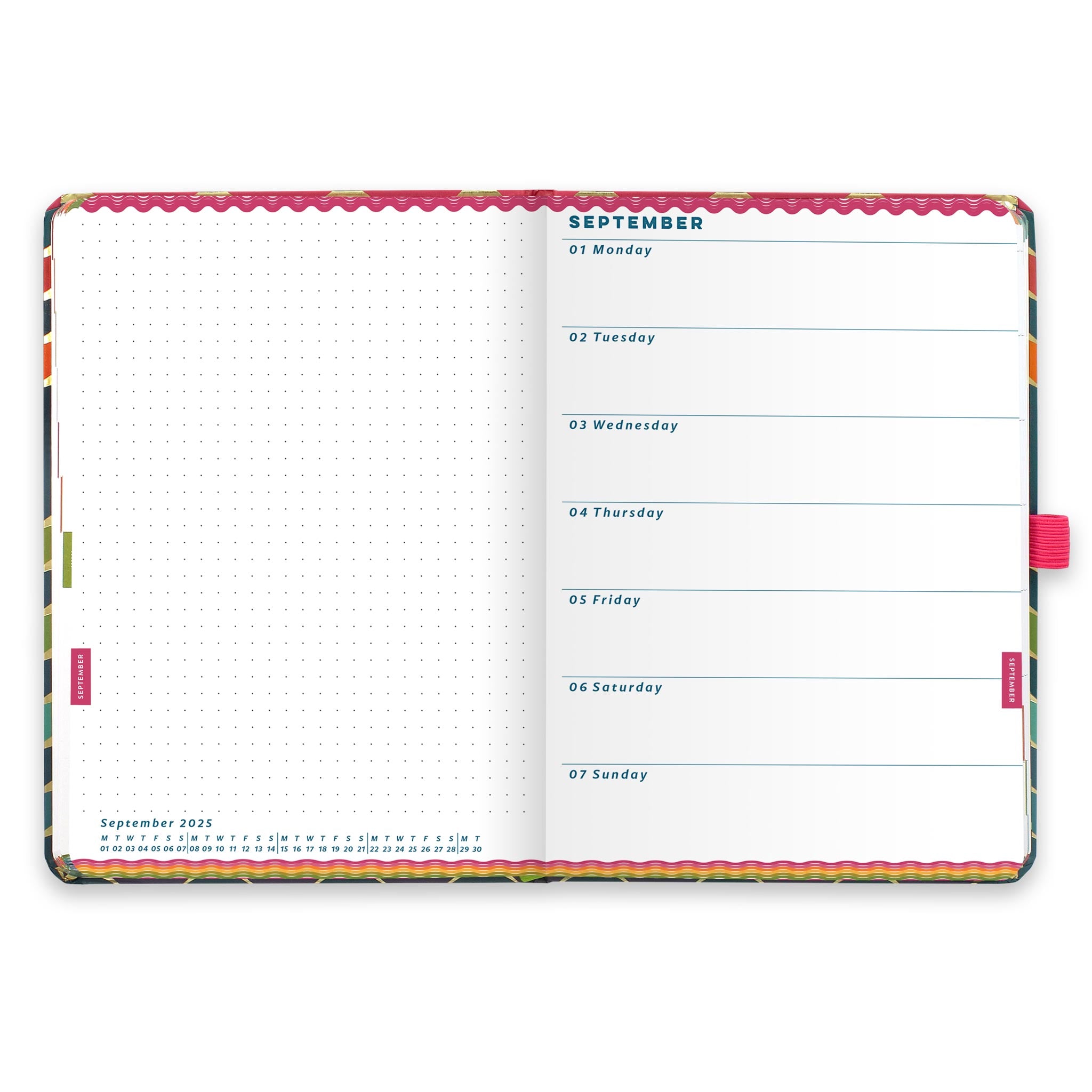 An inside diary spread with a diary page on the right and dotted note on the left.