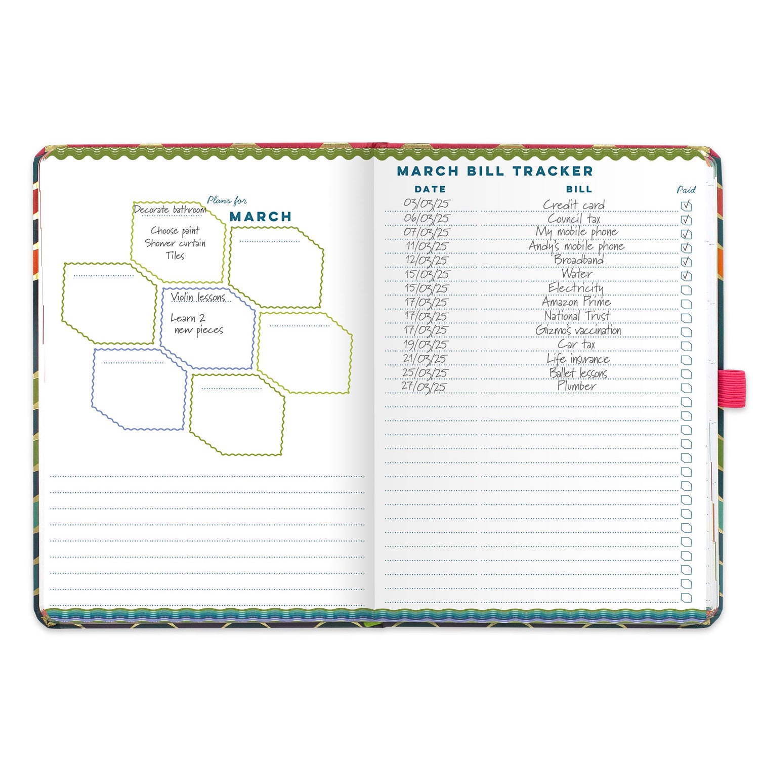 An open diary planner with a monthly plans page and a monthly bill tracker.