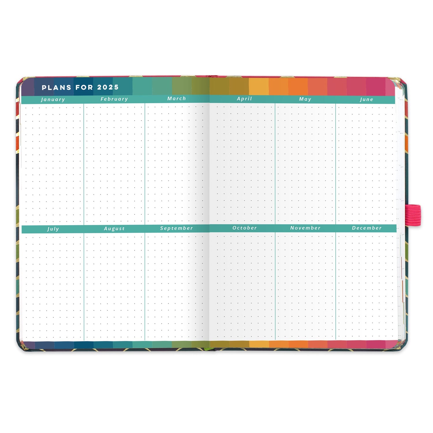 An open diary planner with plans for 2025 and dotted note space for each month.