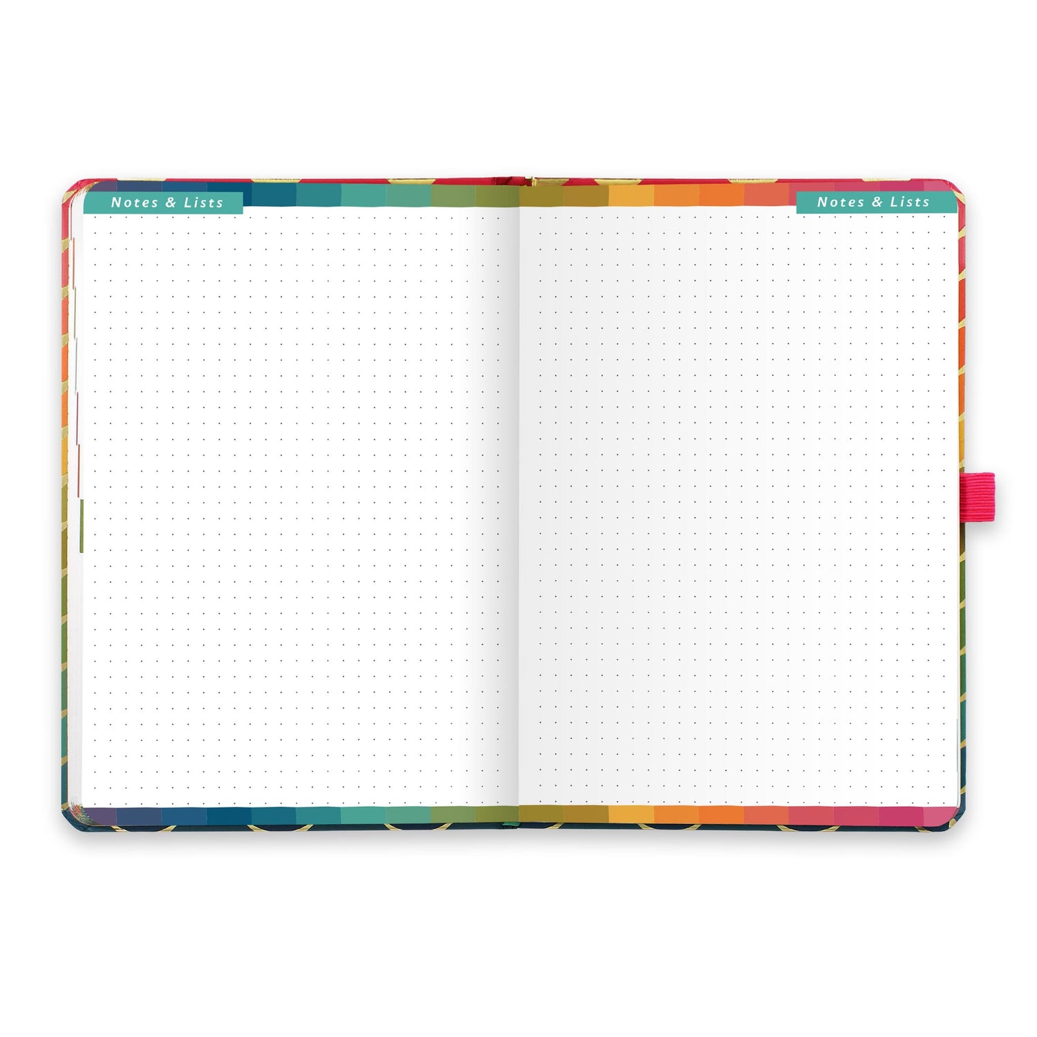 An open diary with dotted notes and lists pages.