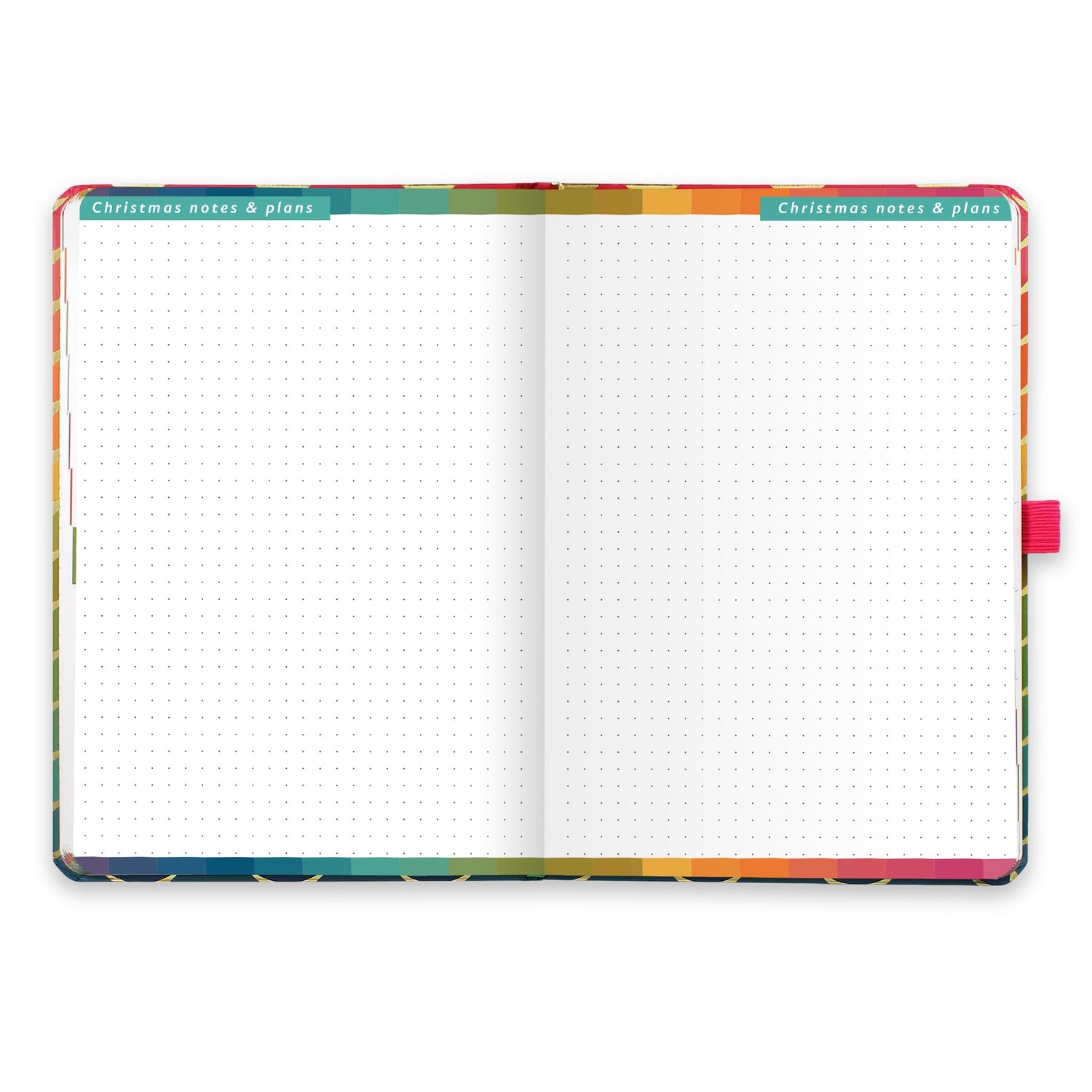An open diary with dotted Christmas notes and plans pages.