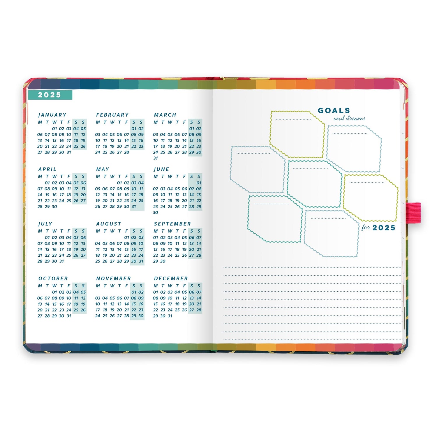 An open diary planner with a goals and dreams for the year page and a page with year microcalendars for 2025.