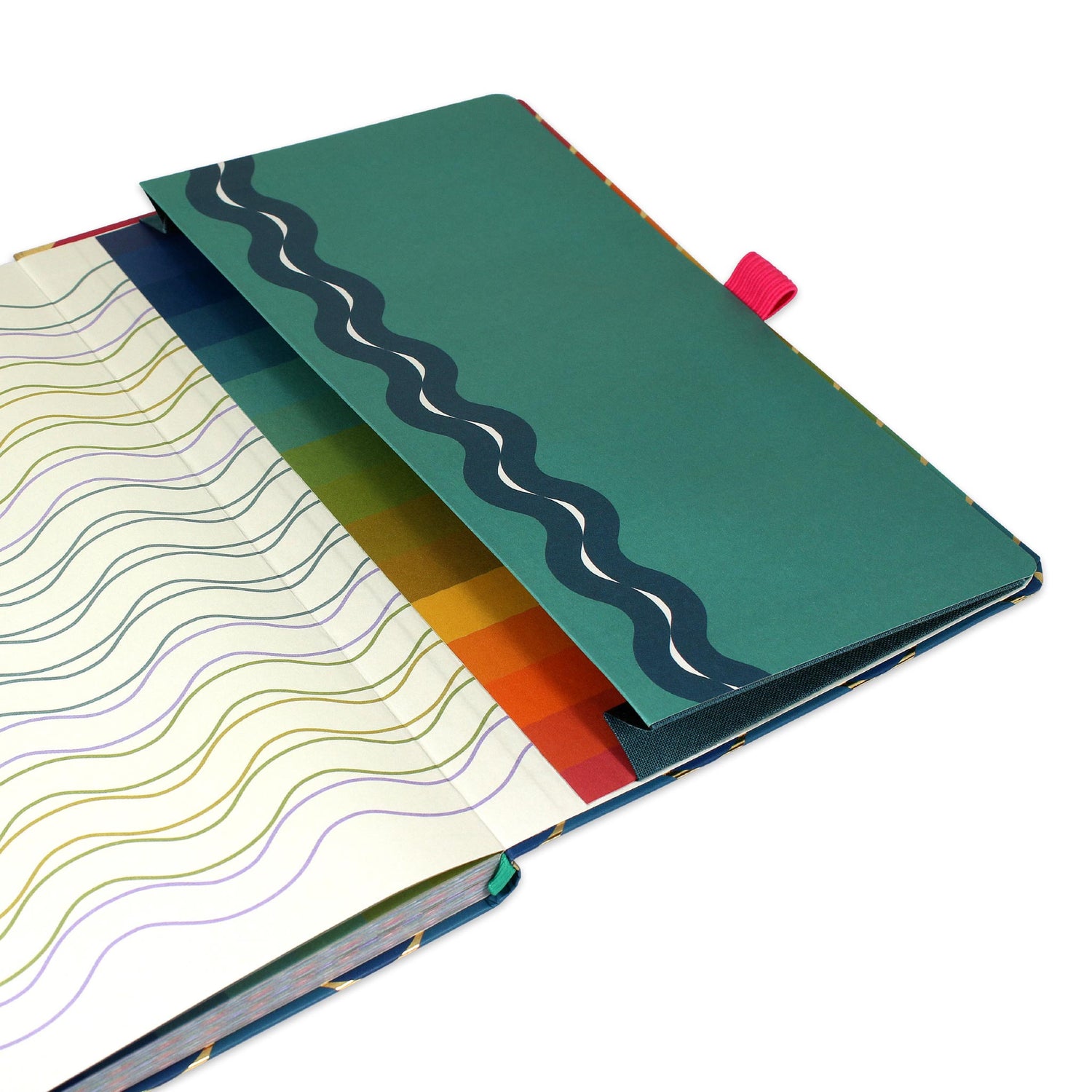 A green back diary pocket with blue pattern.