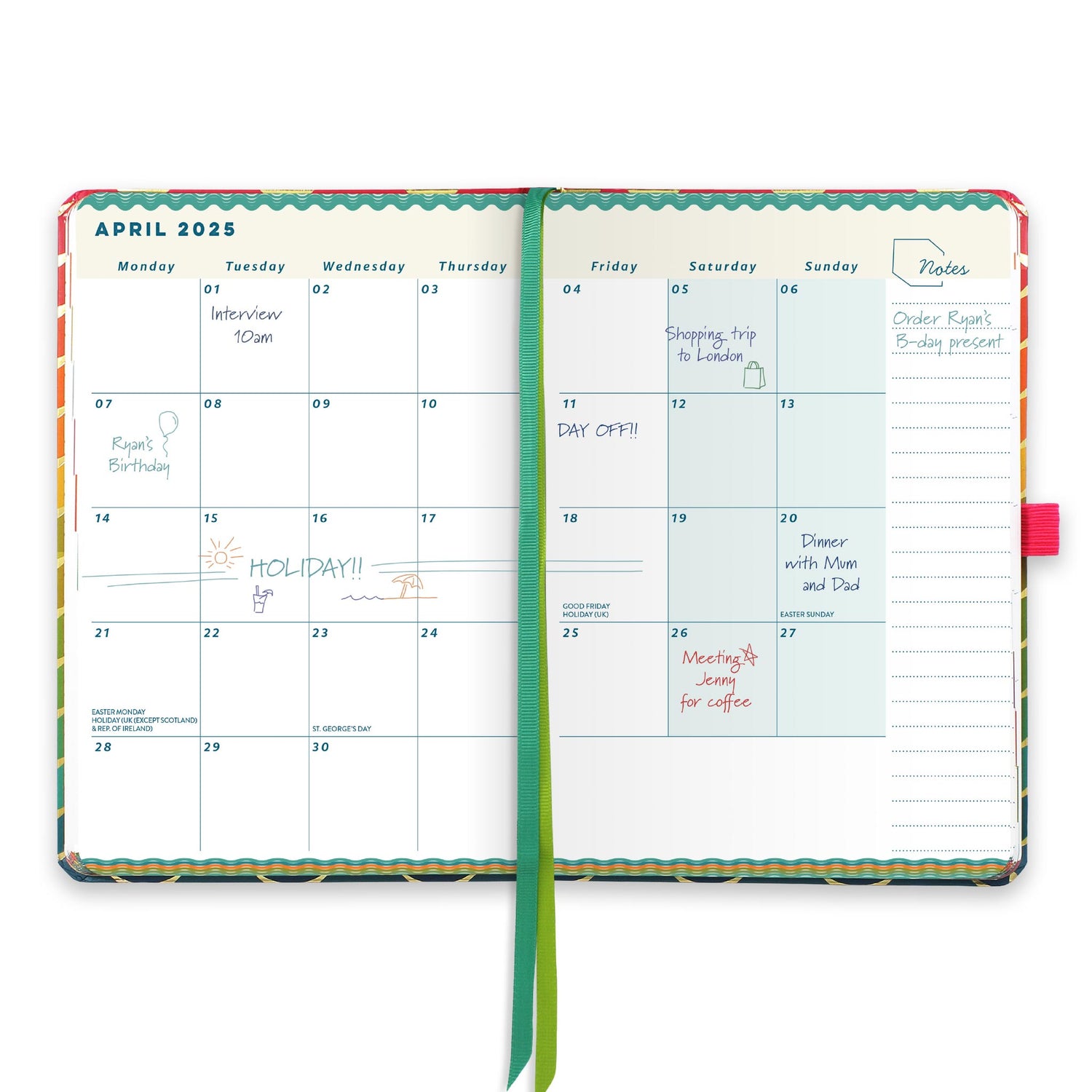An open page diary spread with a month at a glance calendar, note space and ribbon page markers.