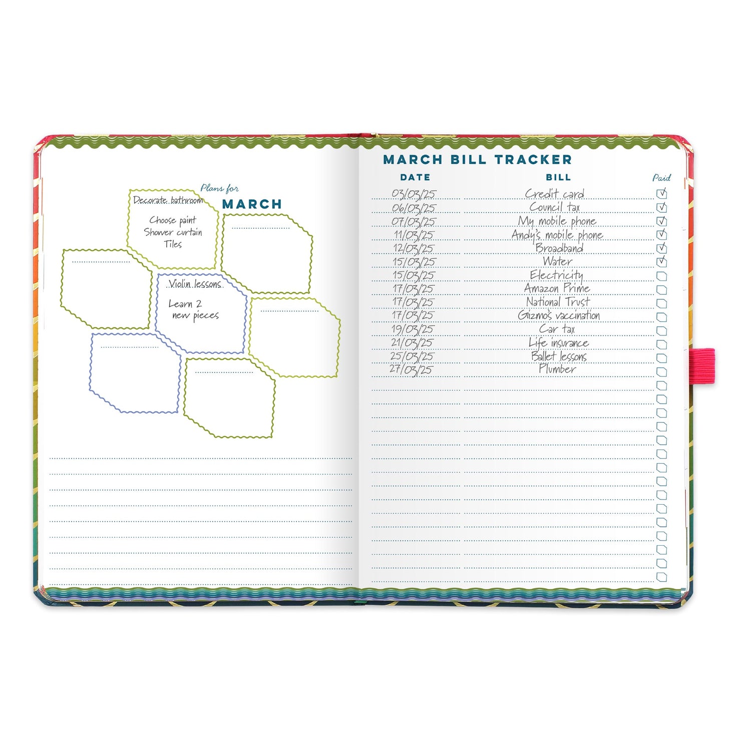 An open diary planner with a monthly plans page and a monthly bill tracker.