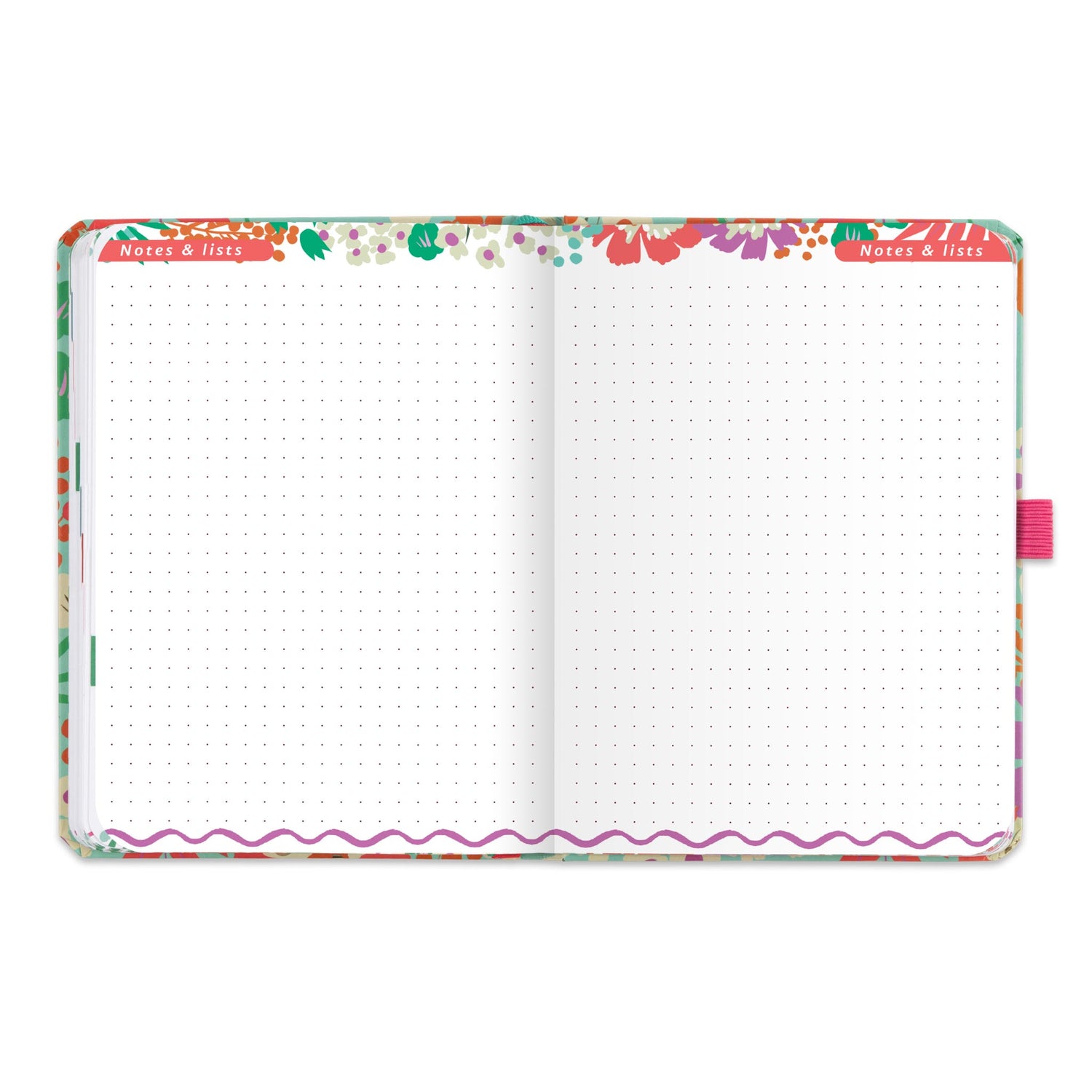 An open diary with dotted notes and lists pages.