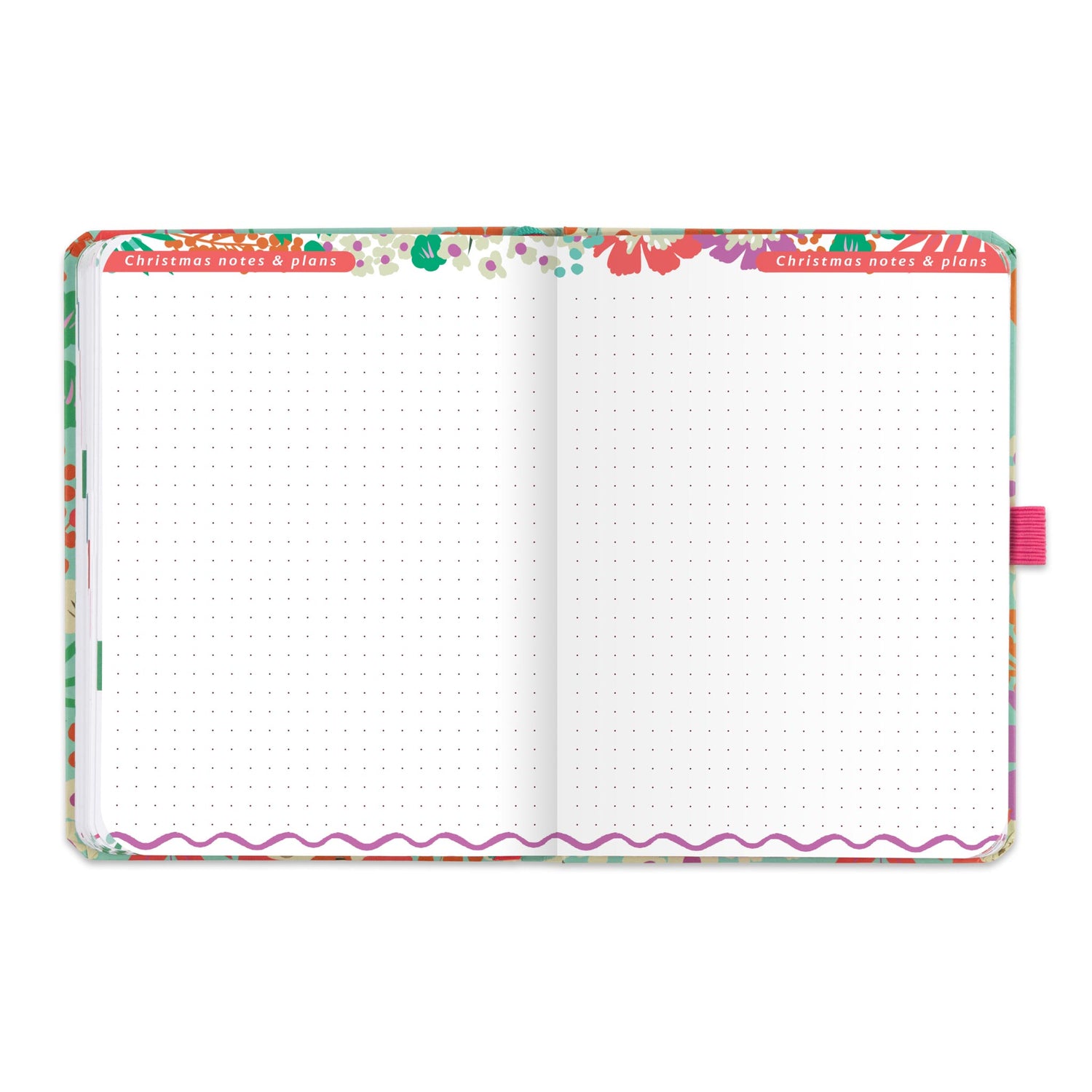 An open diary with dotted Christmas notes and plans pages.