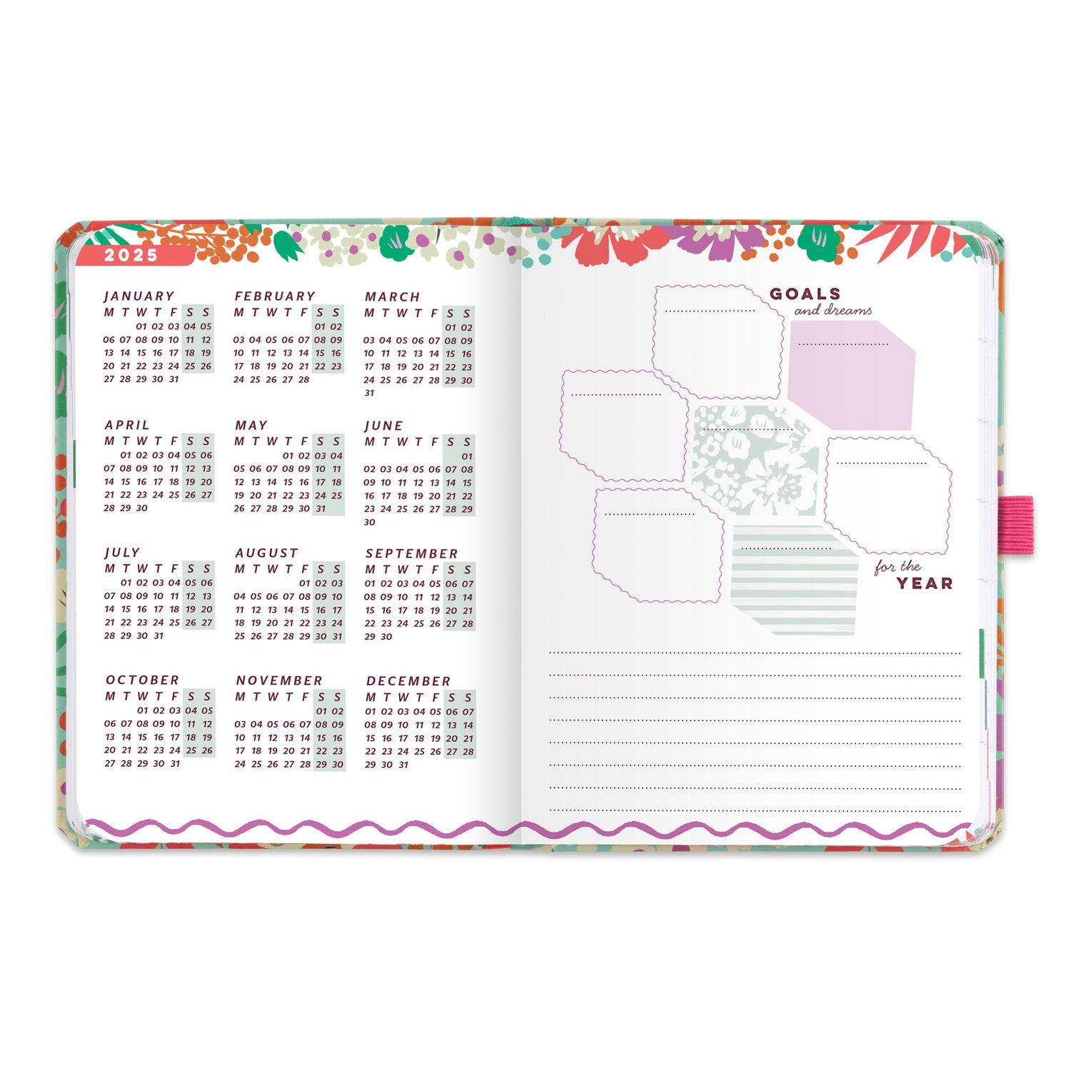 An open pocket diary with a goals and dreams for the year page and a page with year micro calendar for 2025.