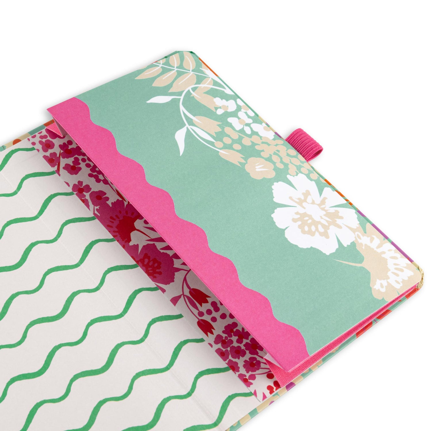 Diary back pocket with a floral leaf design and pink pen loop.