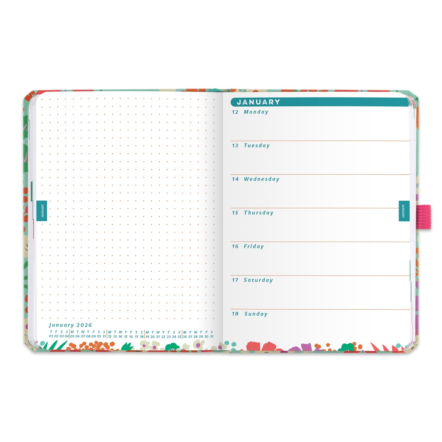 An inside diary spread showing January 2026 with a diary page on the right and dotted note on the left.