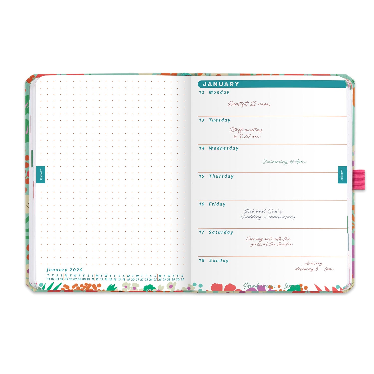 An inside diary spread showing January 2026 with a diary page on the right and dotted note on the left.