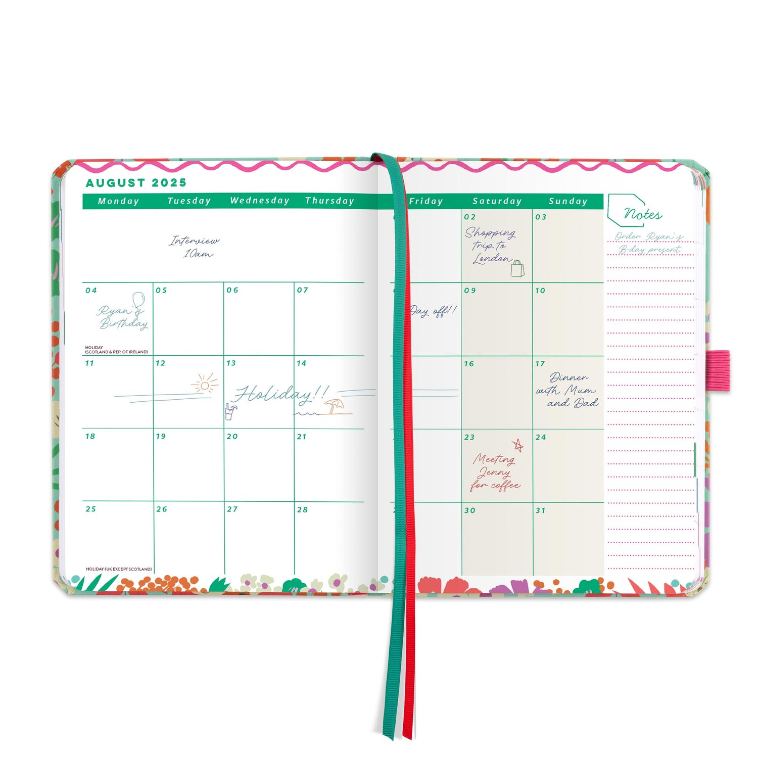 An open page diary spread with a month at a glance calendar, note space and ribbon page markers.