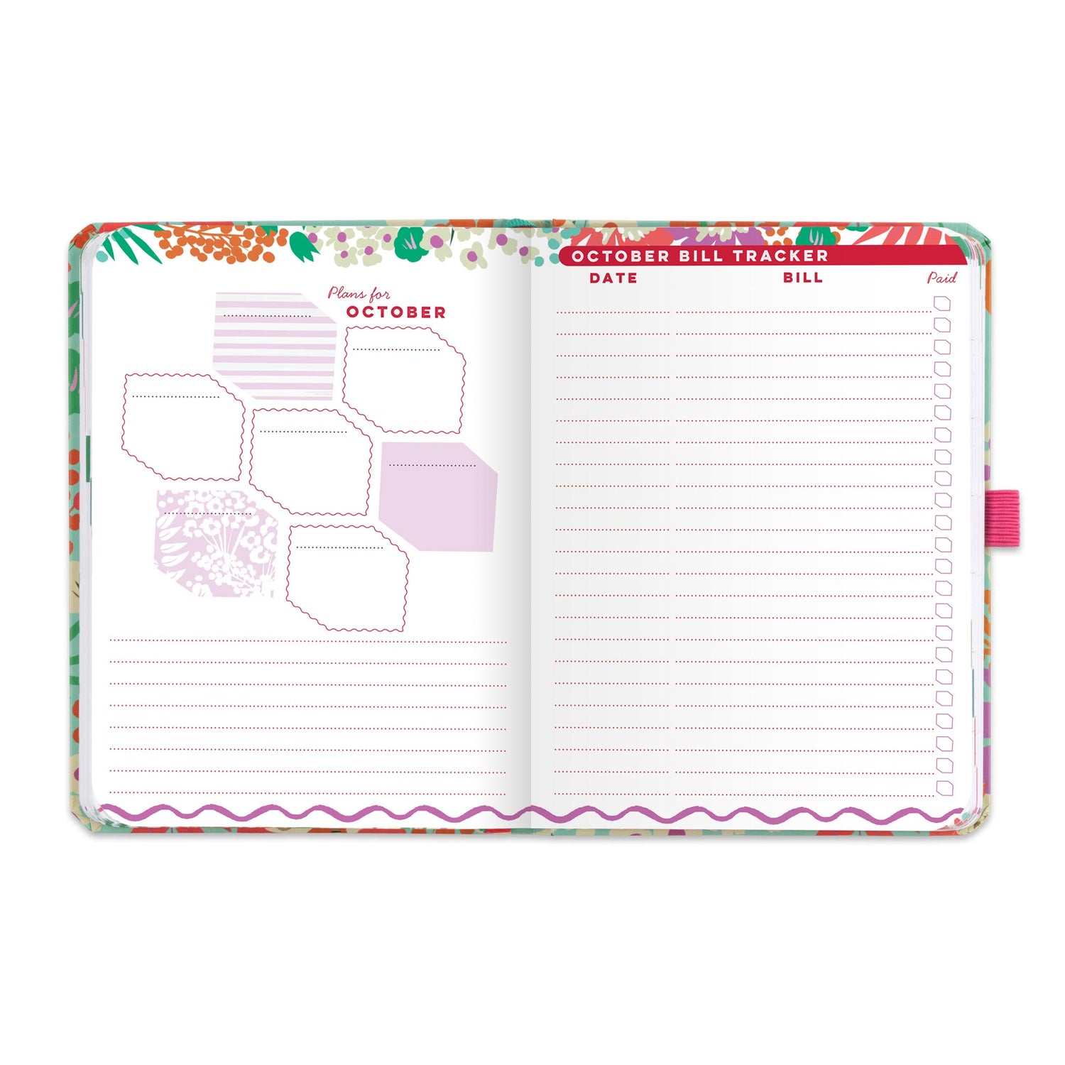An open pocket diary with a monthly plans page and a monthly bill tracker.