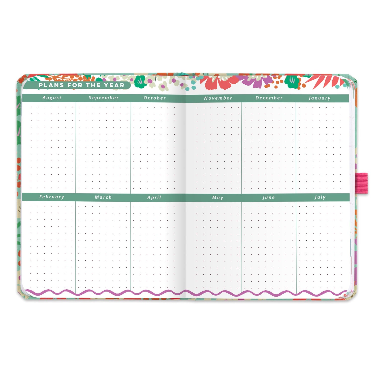 An open academic planner with plans for the academic year and dotted note space for each month.