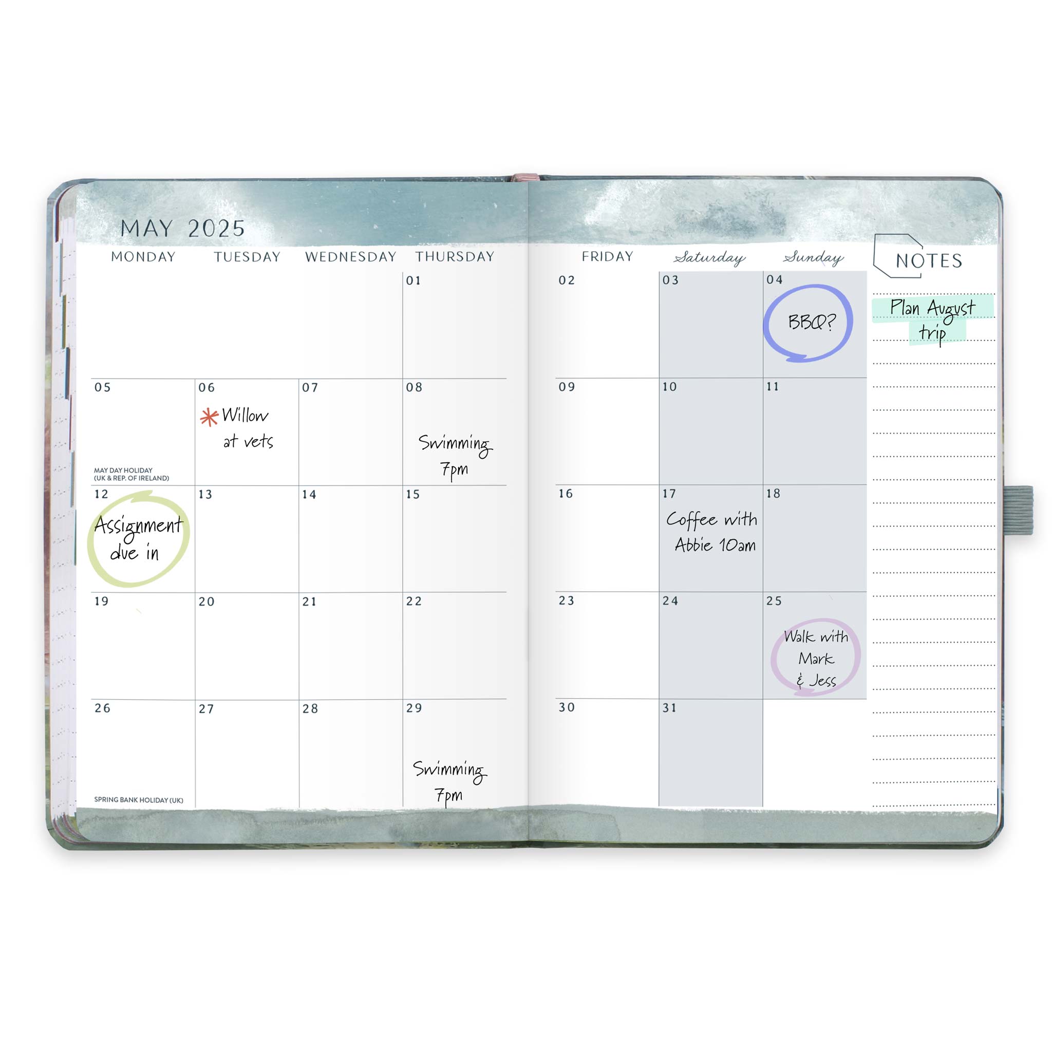 An open page diary spread with a month to view calendar with appointments