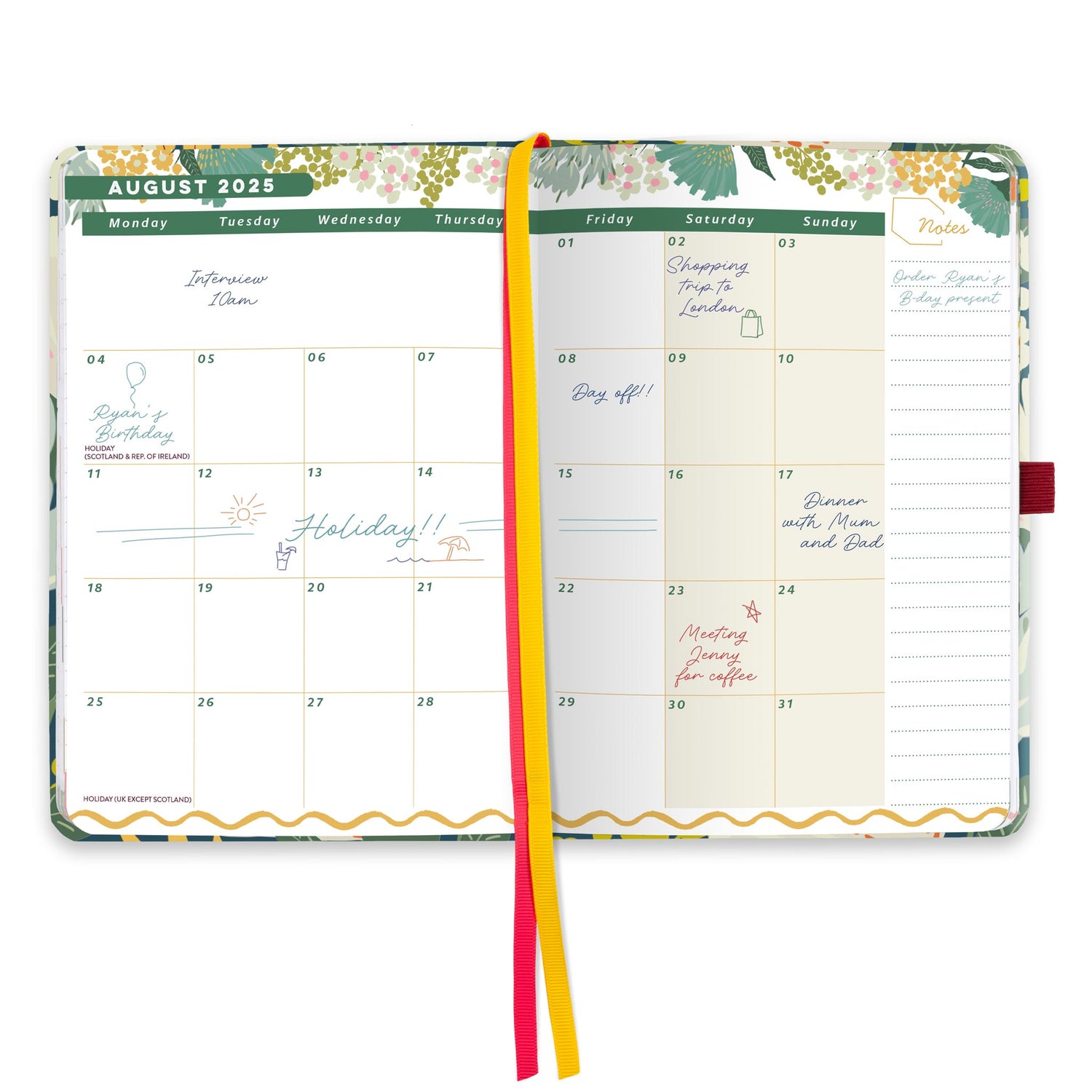 An open page diary spread with a month to view calendar with appointments, note space and ribbon page markers.
