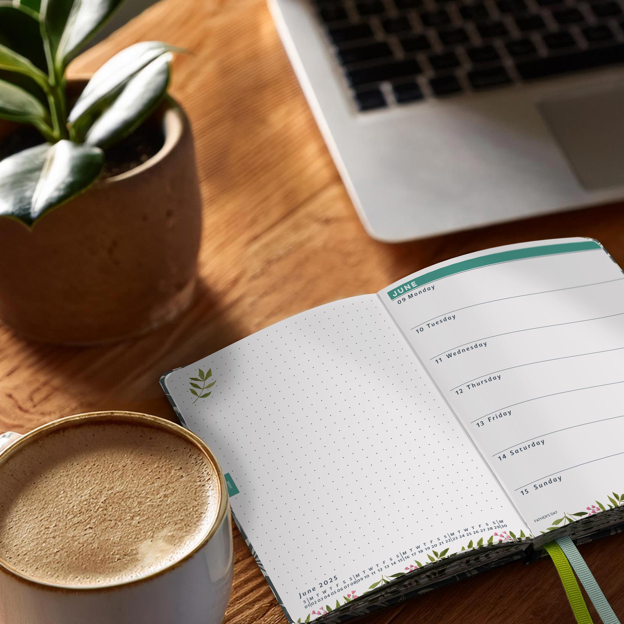 Open Everyday weekly diary on a desk next to a coffee and a plant in a stone pot.