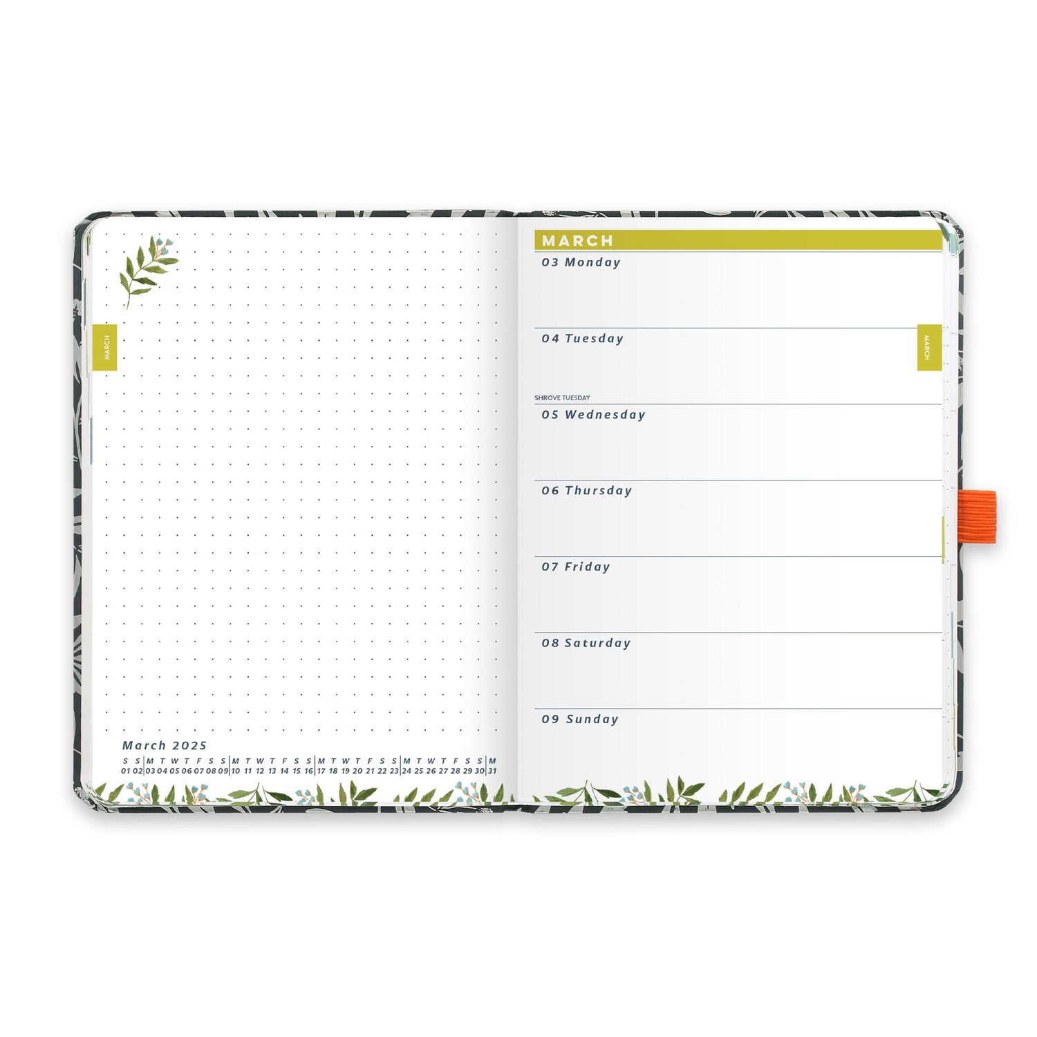An inside diary spread showing March 2025 with a diary page on the right and dotted note on the left.