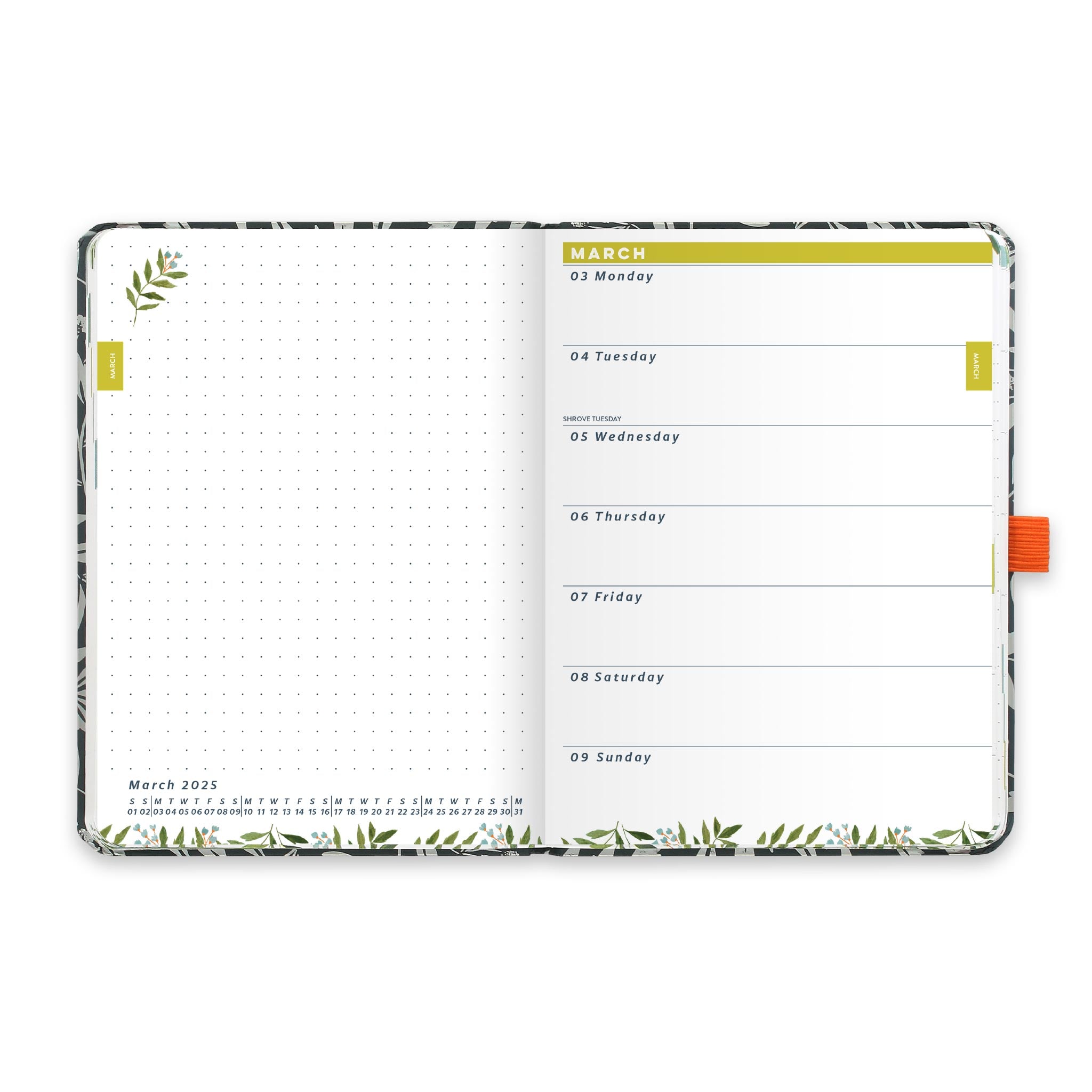 An inside diary spread showing March 2025 with a diary page on the right and dotted note on the left.