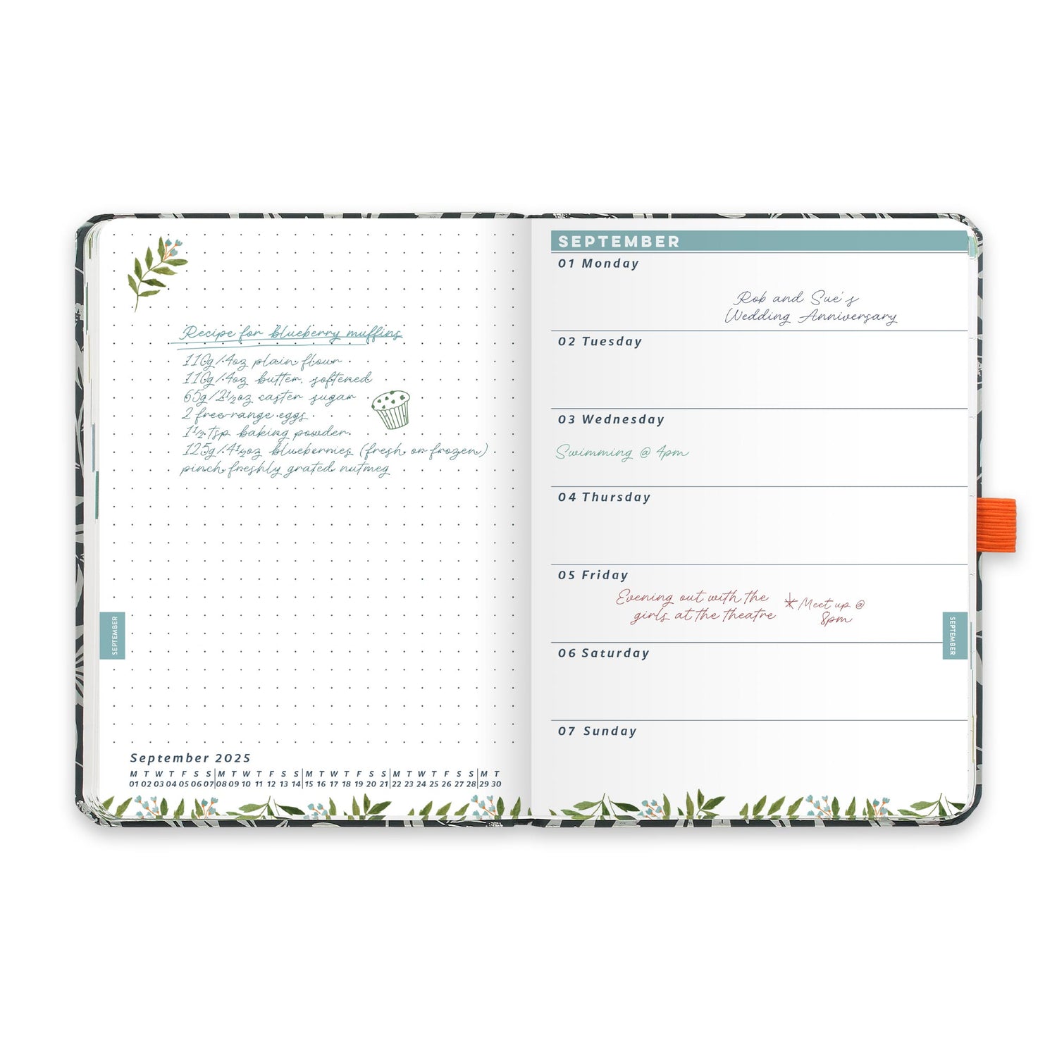 An inside diary spread showing weekly appointments on the right and notes on the left.