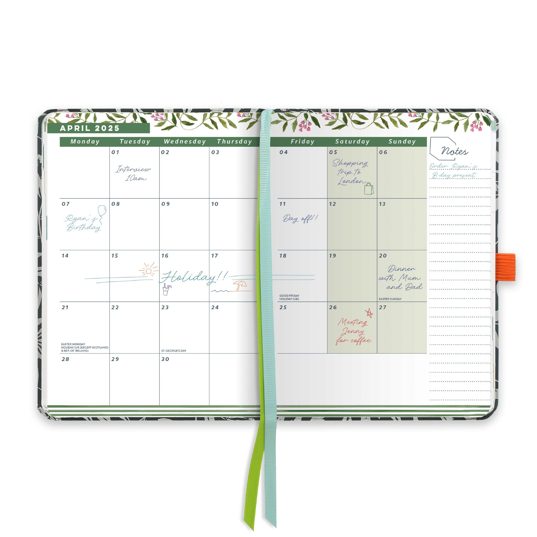 An open page diary spread with a month at a glance calendar, note space and ribbon page markers.