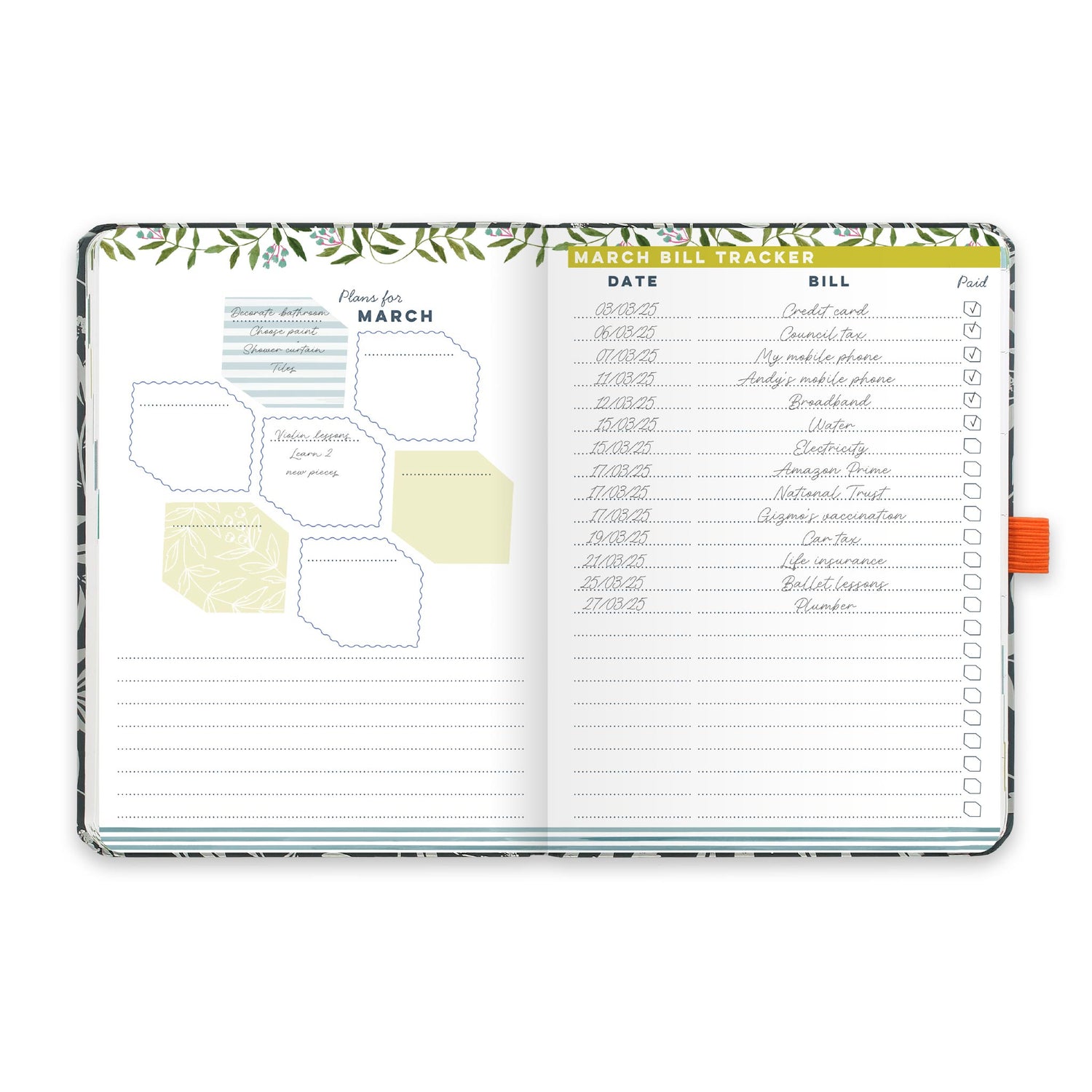 An open diary planner with a monthly plans page and a monthly bill tracker.