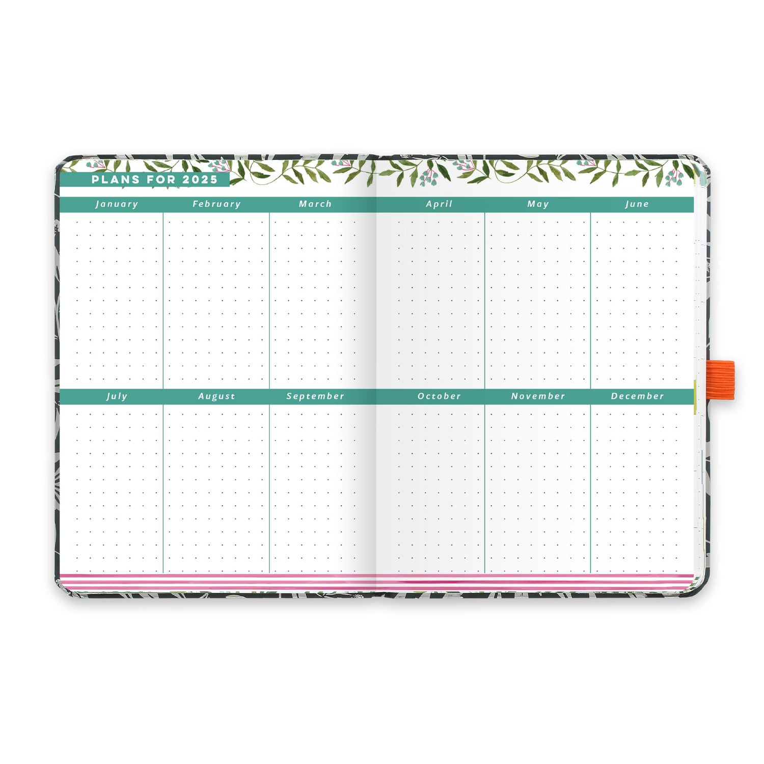 An open diary planner with plans for 2025 and dotted note space for each month.