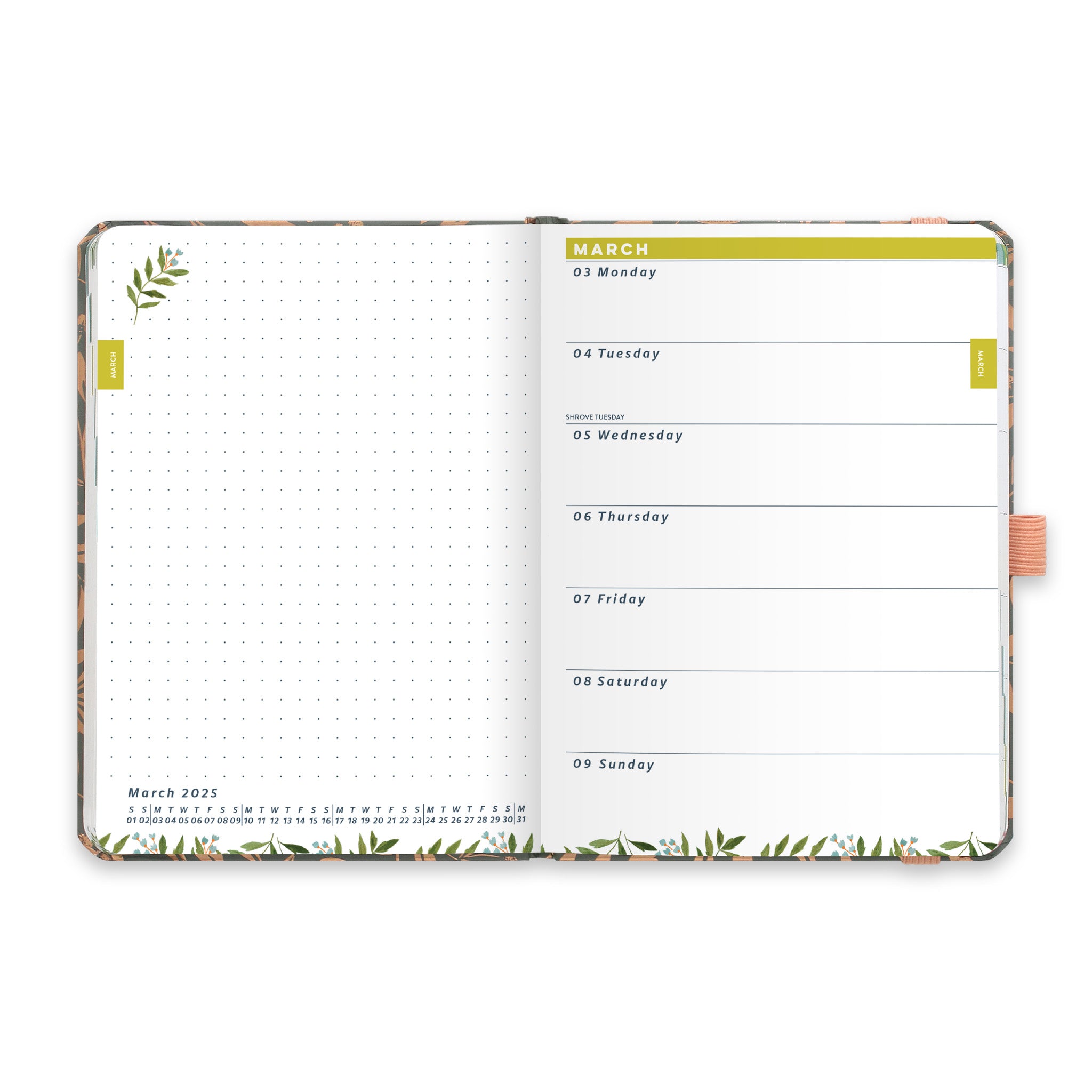 An inside diary spread showing March 2025 with a diary page on the right and dotted note on the left.