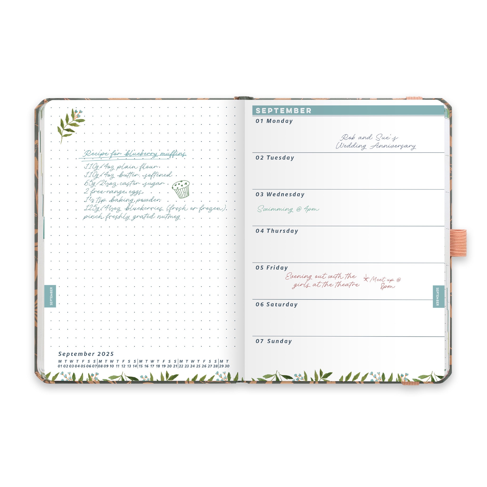 An inside diary spread showing weekly appointments on the right and notes on the left.