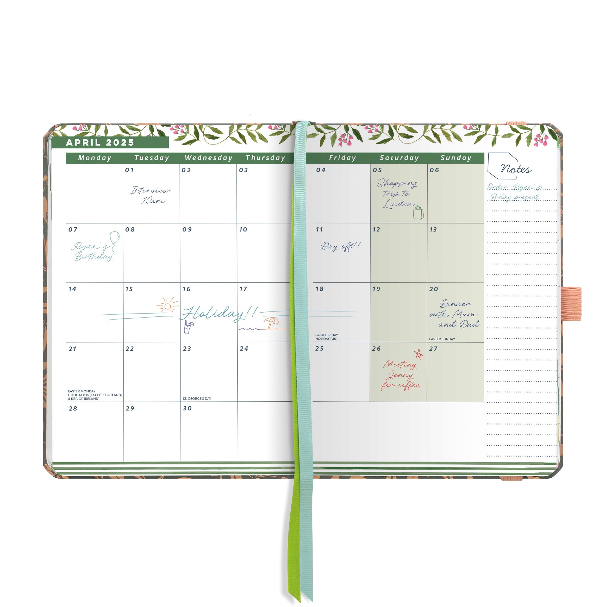 An open page diary spread with a month at a glance calendar, note space and ribbon page markers.