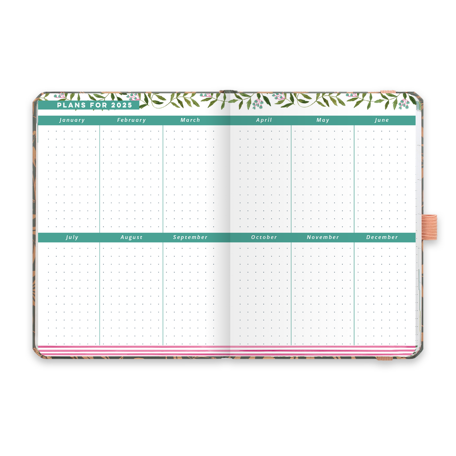 An open diary planner with plans for 2025 and dotted note space for each month.