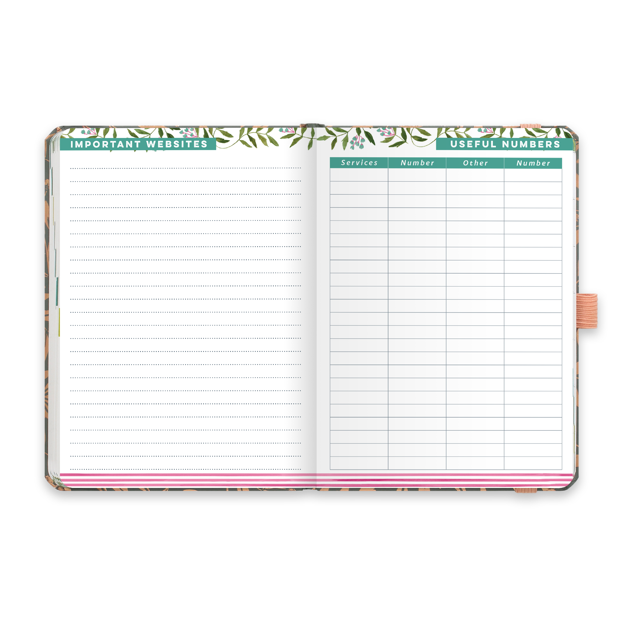 An open diary planner with a page for Important websites and a useful numbers page.