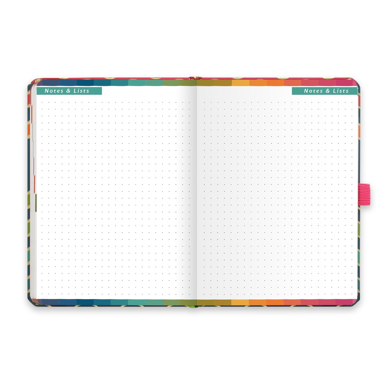 An open diary with dotted notes and lists pages.