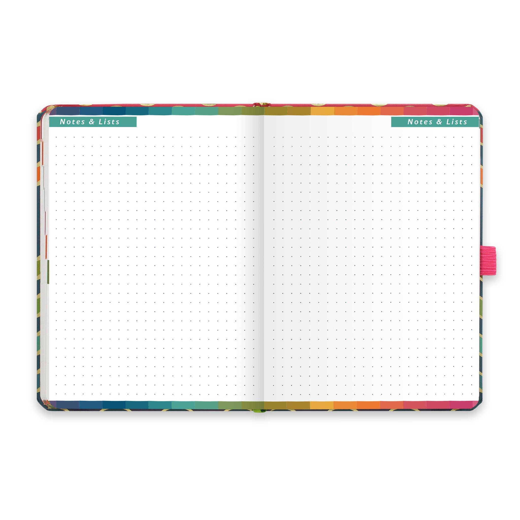 An open diary with dotted notes and lists pages.